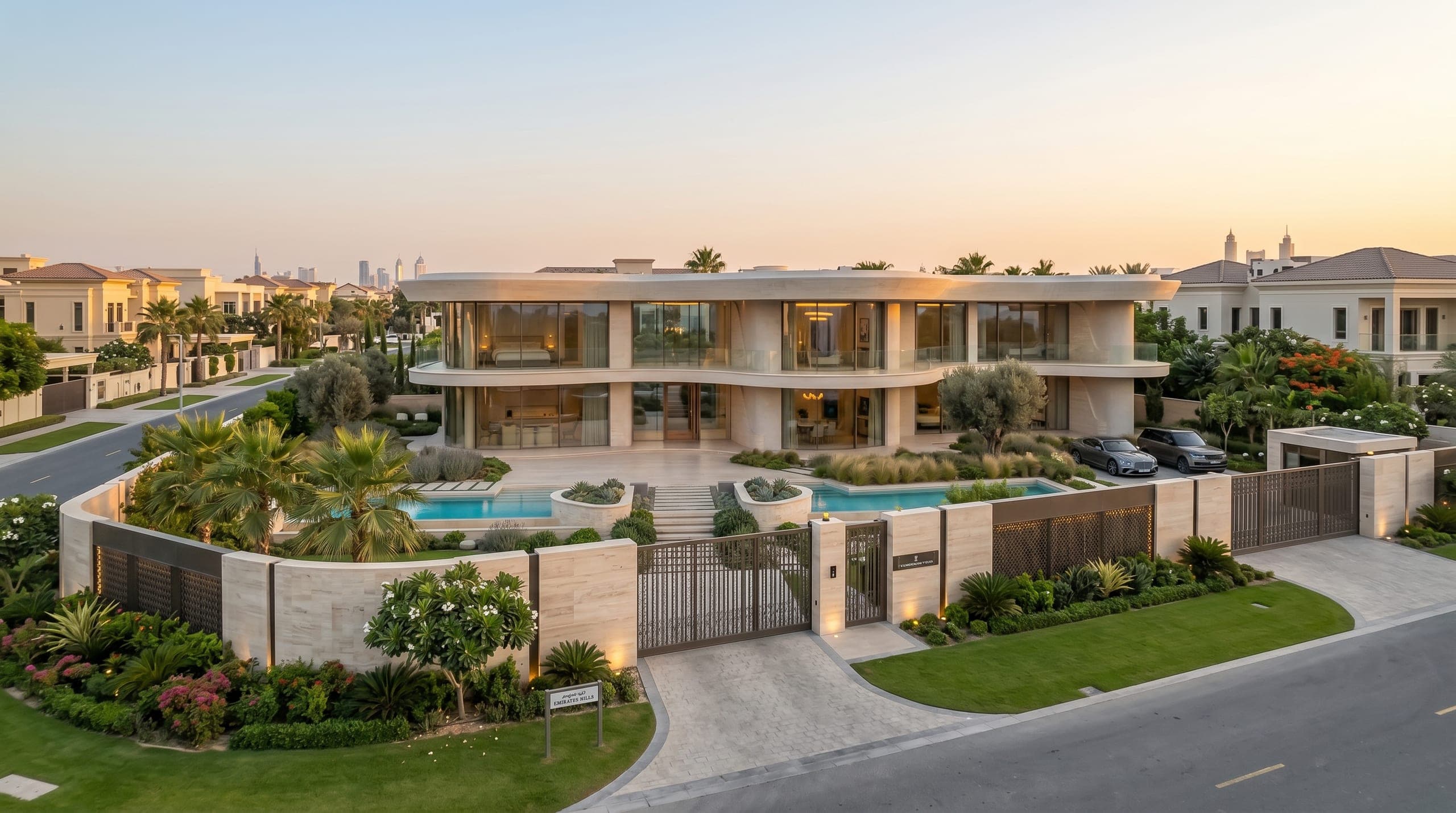 An aerial view of a villa on its plot, boundary and city beyond