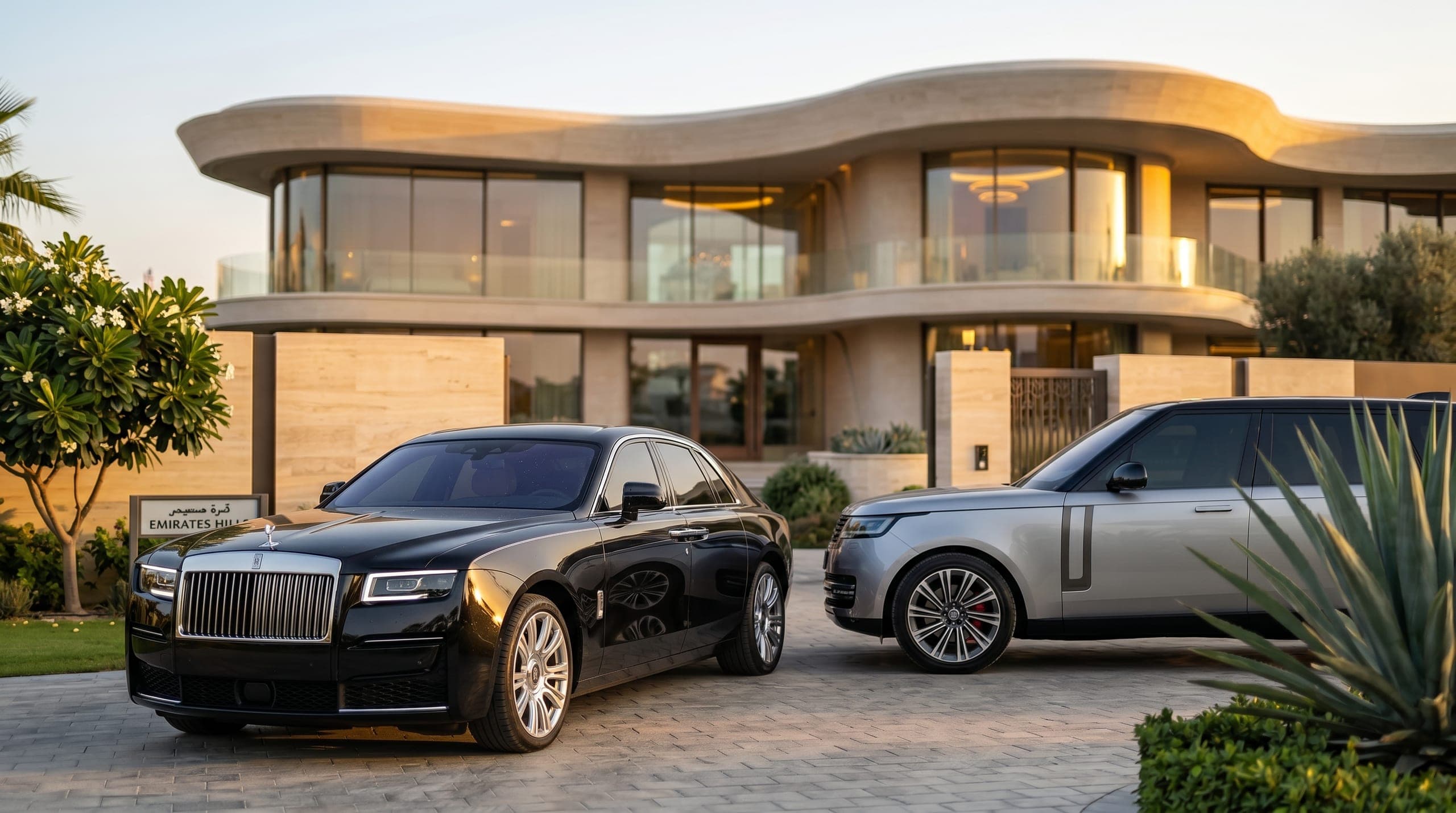 A villa arrival at golden hour with cars standing on the forecourt