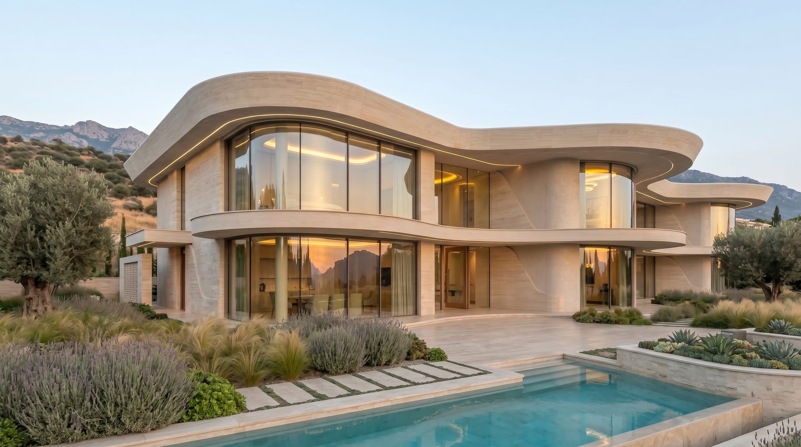 Design visualisation of the curved villa seen from the side across its pool and gardens at dusk, by LKYOOB
