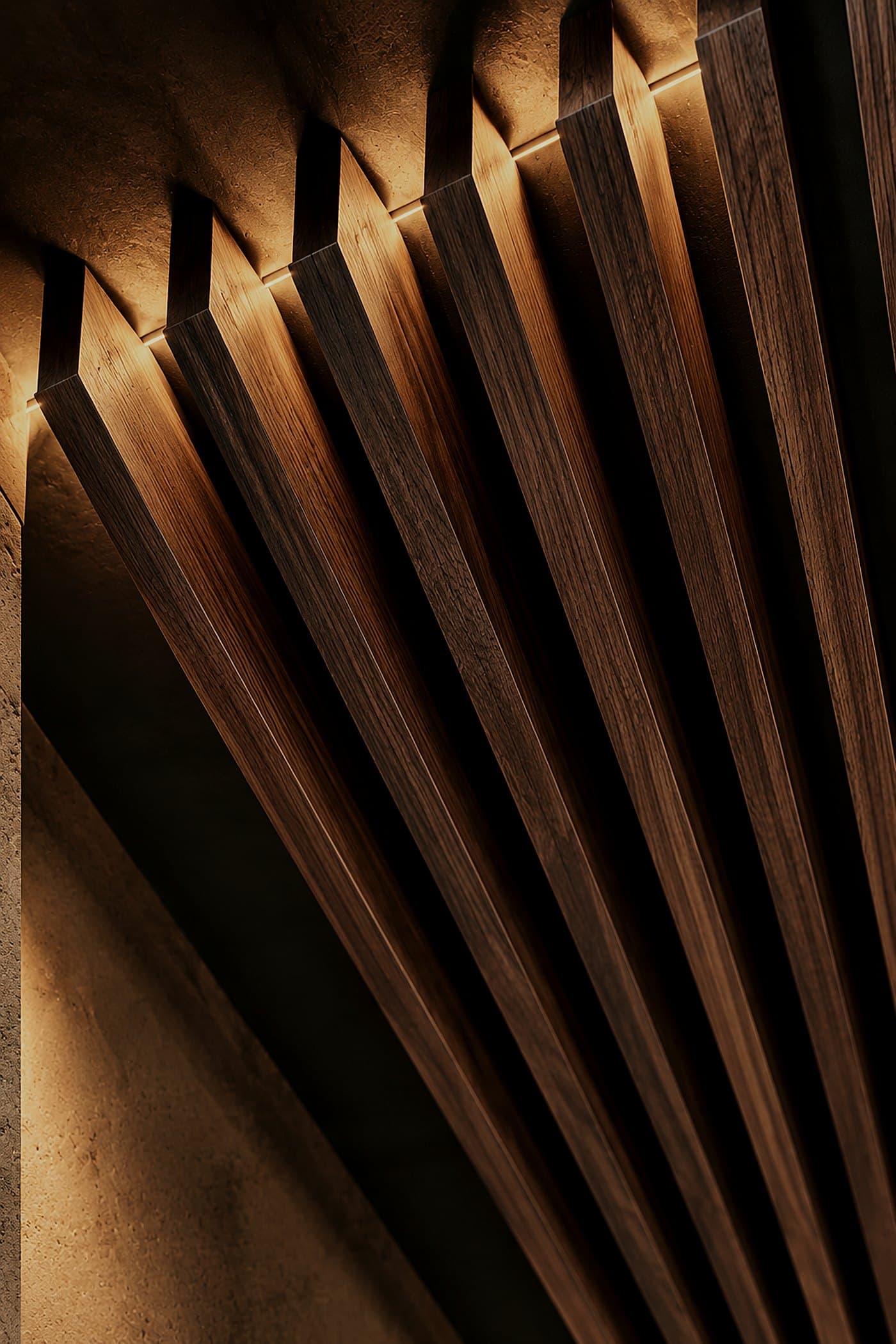 Dark walnut ceiling fins radiating in a fan under warm concealed light against stone — material study by LKYOOB