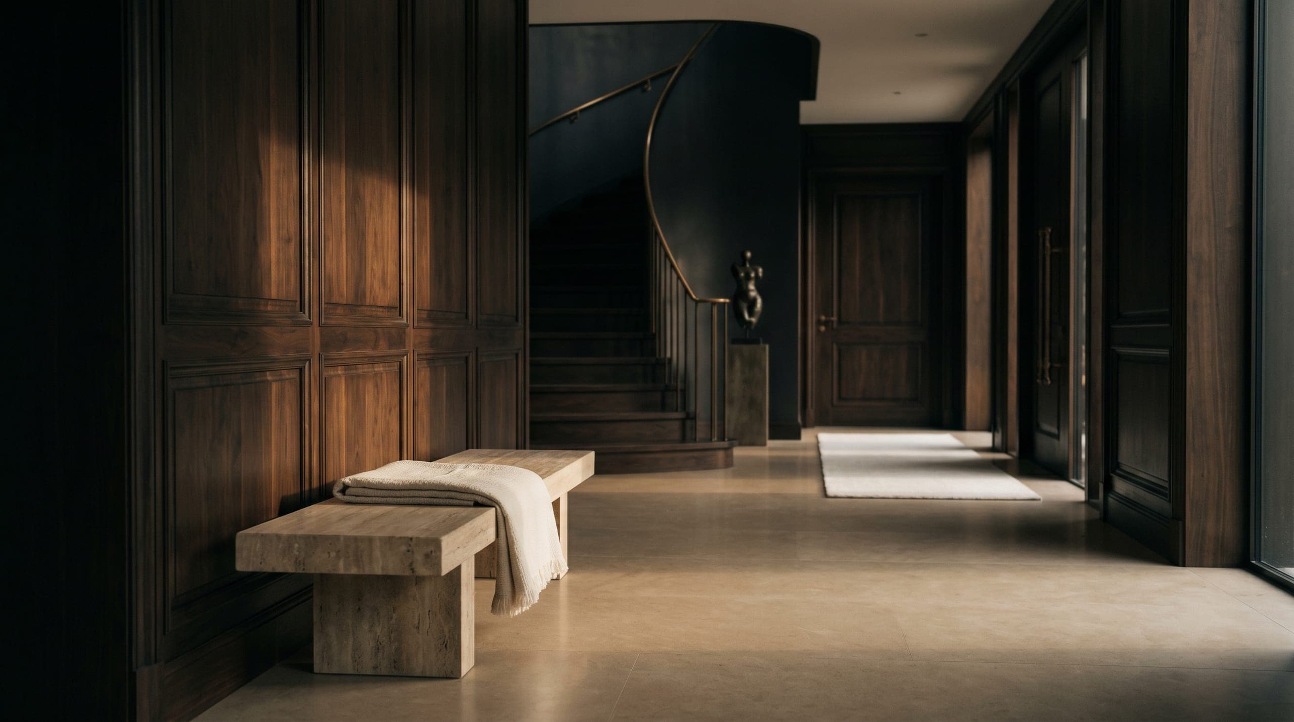An arrival corridor with a built in walnut bench