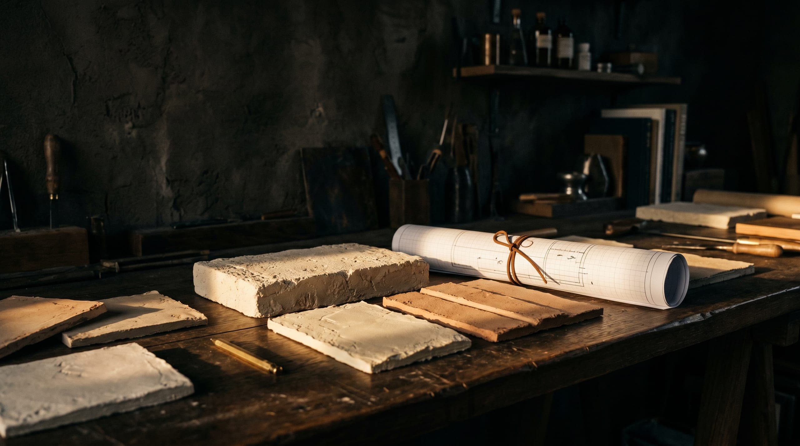 A drawing set laid open on a table beside plaster and stone samples