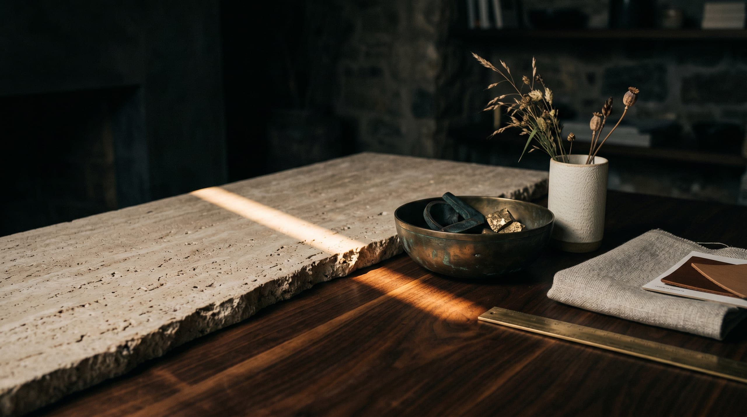 A travertine surface holding a bronze bowl