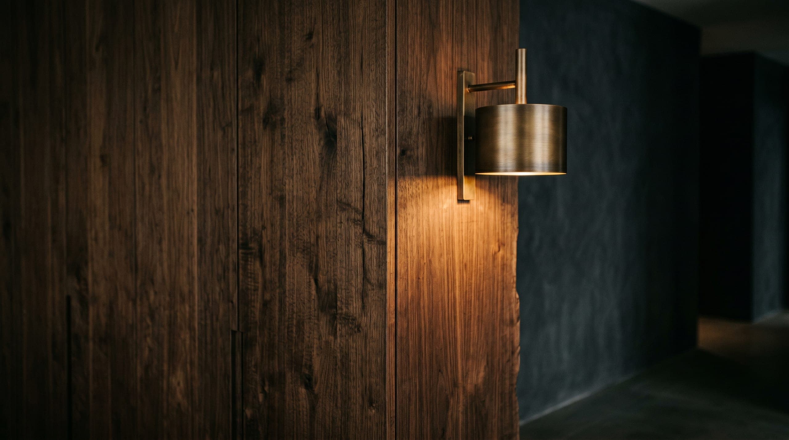A bronze sconce mounted on a walnut panel