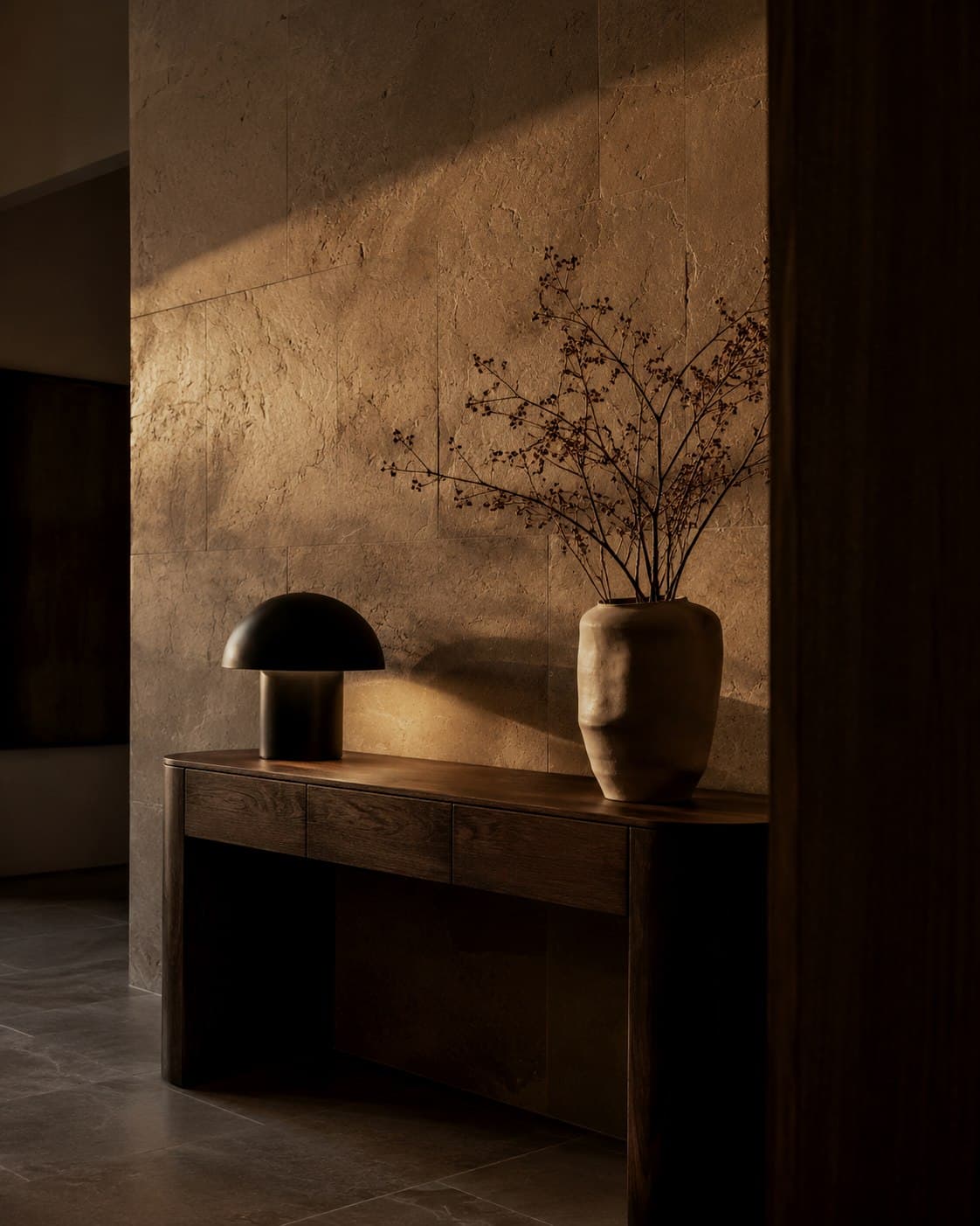 A walnut console arranged with a small still life