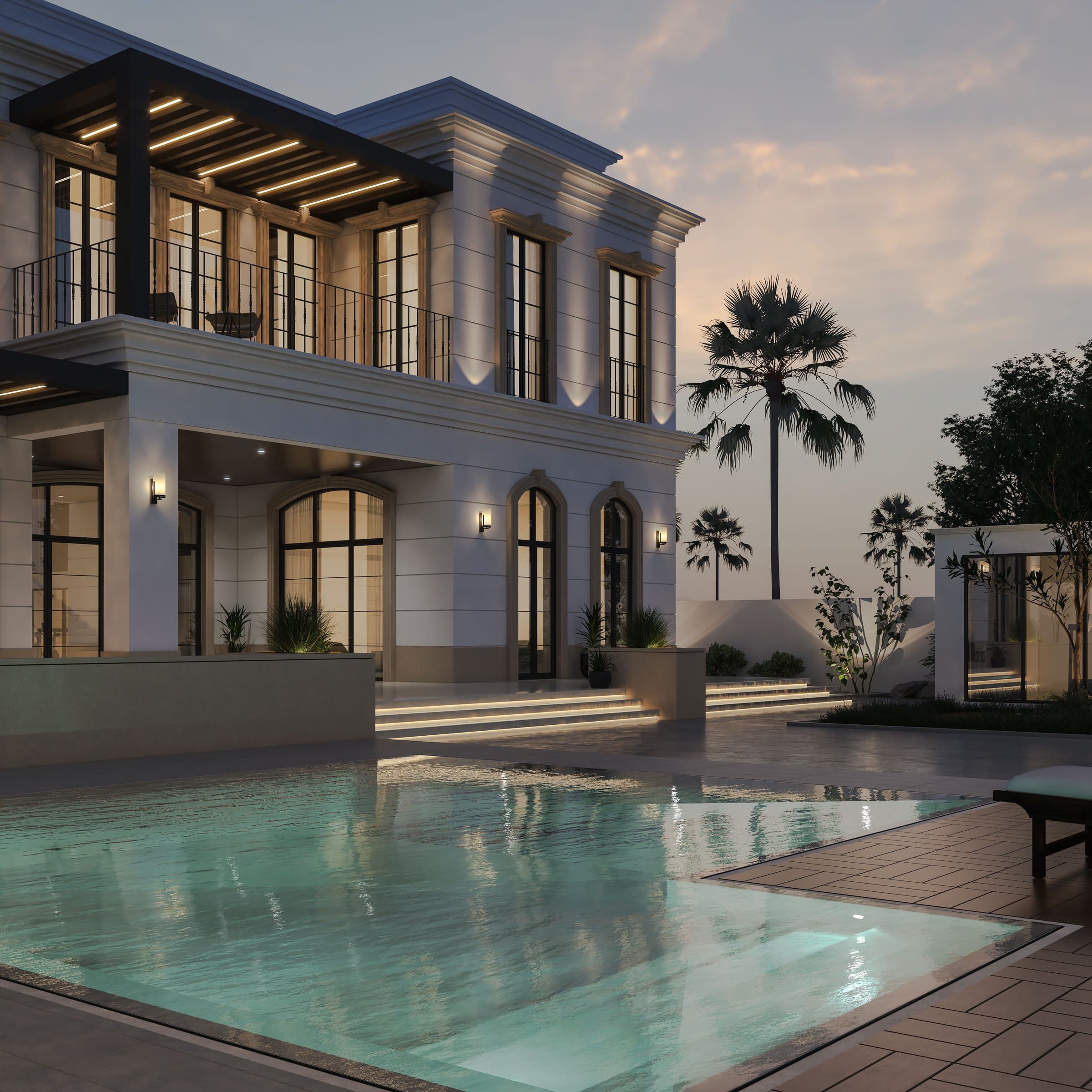 Design visualisation of The Arcade Villa at dusk, arched windows and a pergola terrace above the pool, by LKYOOB