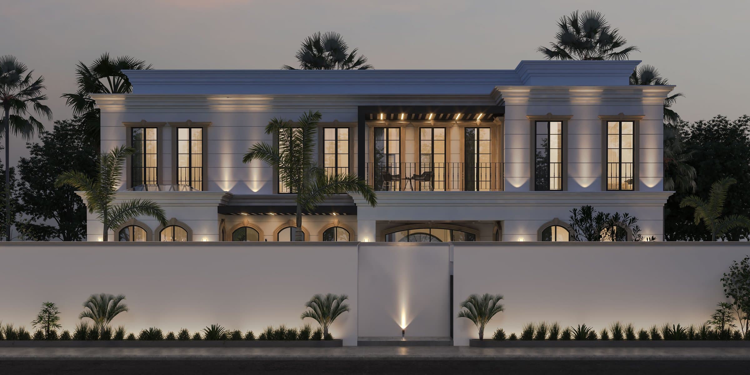Design visualisation of the street elevation at dusk, arched windows above a white boundary wall, by LKYOOB