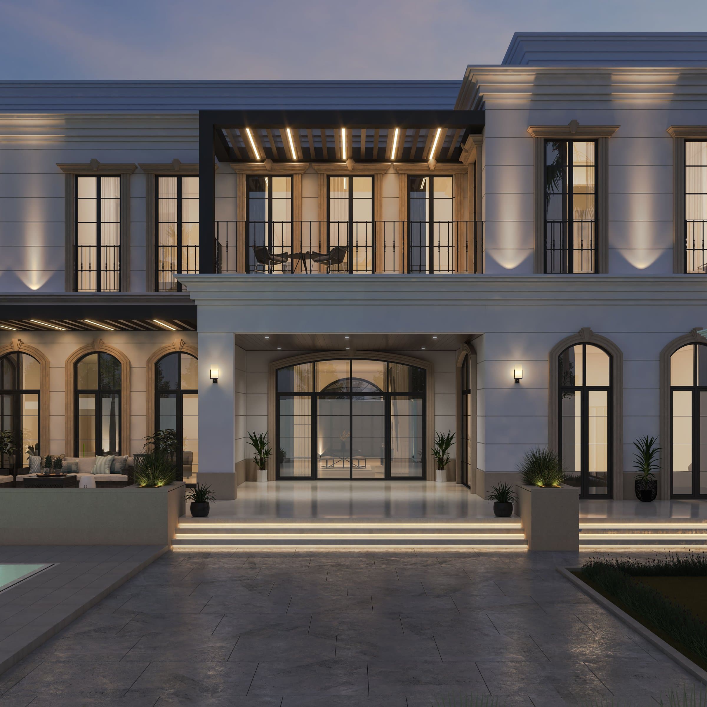 Design visualisation of the rear terrace with the pergola above and steps down to the pool, by LKYOOB