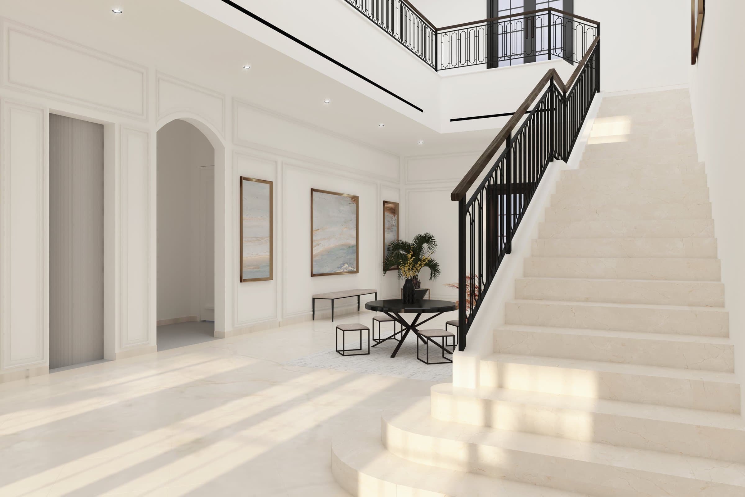 Design visualisation of the entrance hall and stair with an iron balustrade, by LKYOOB