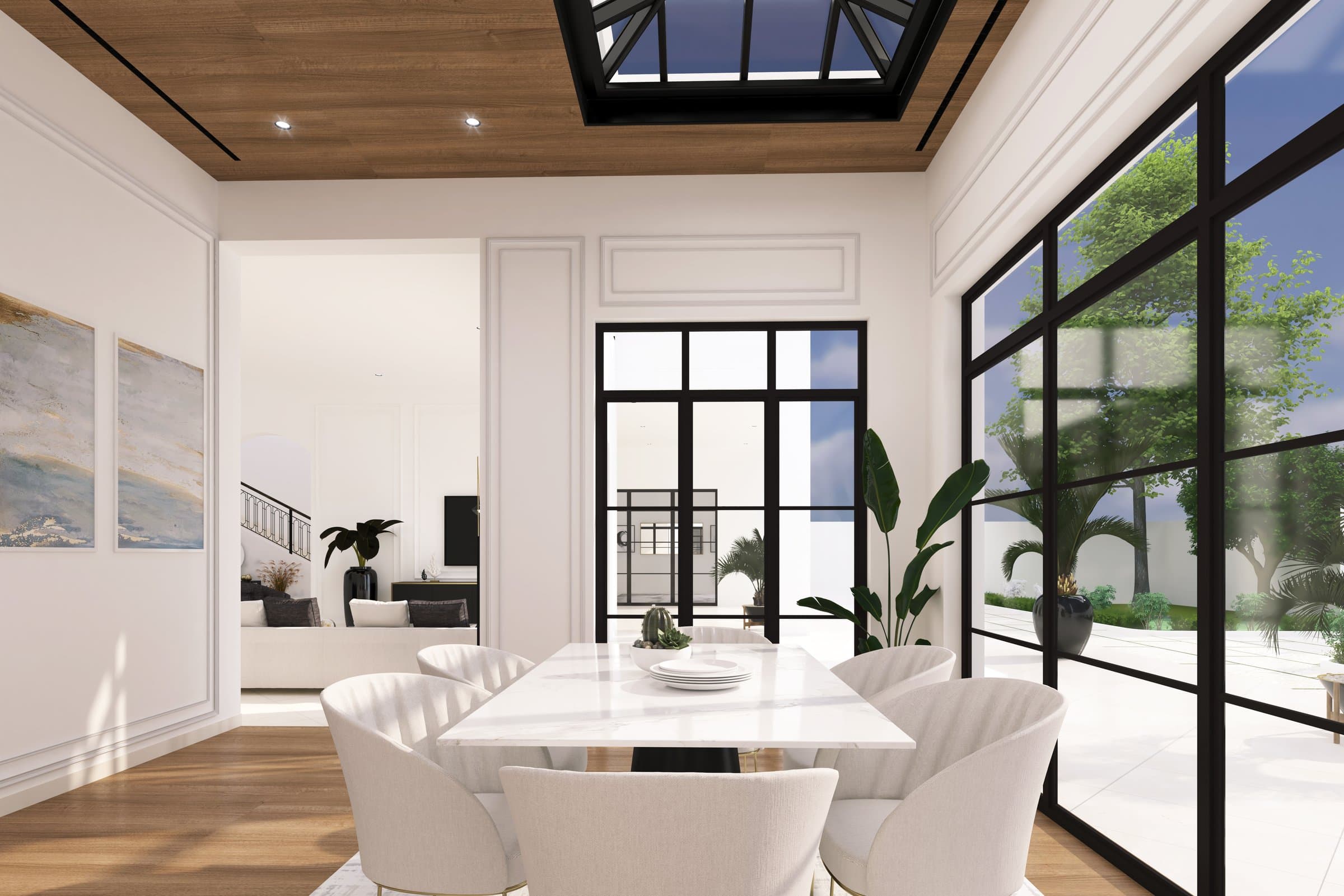 Design visualisation of the family dining room beside a glazed wall to the garden, by LKYOOB