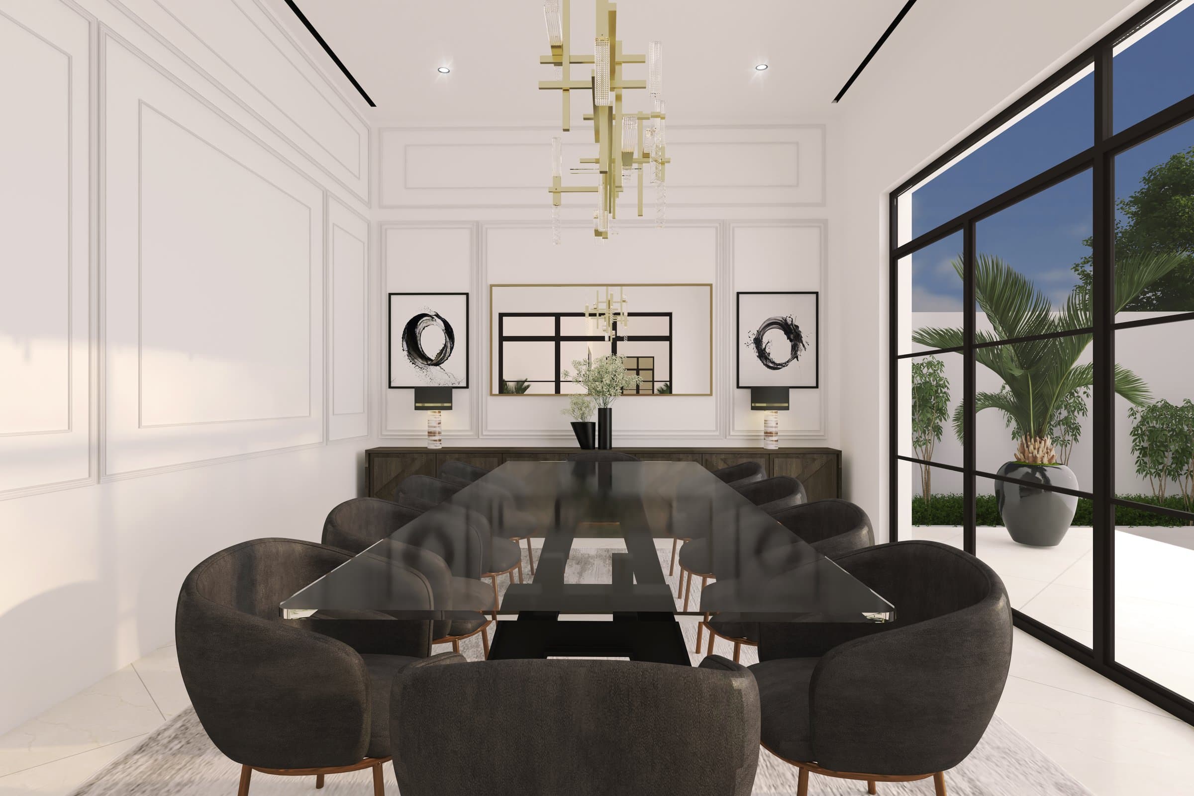 Design visualisation of the formal dining room with a dark glass table and a brass pendant, by LKYOOB