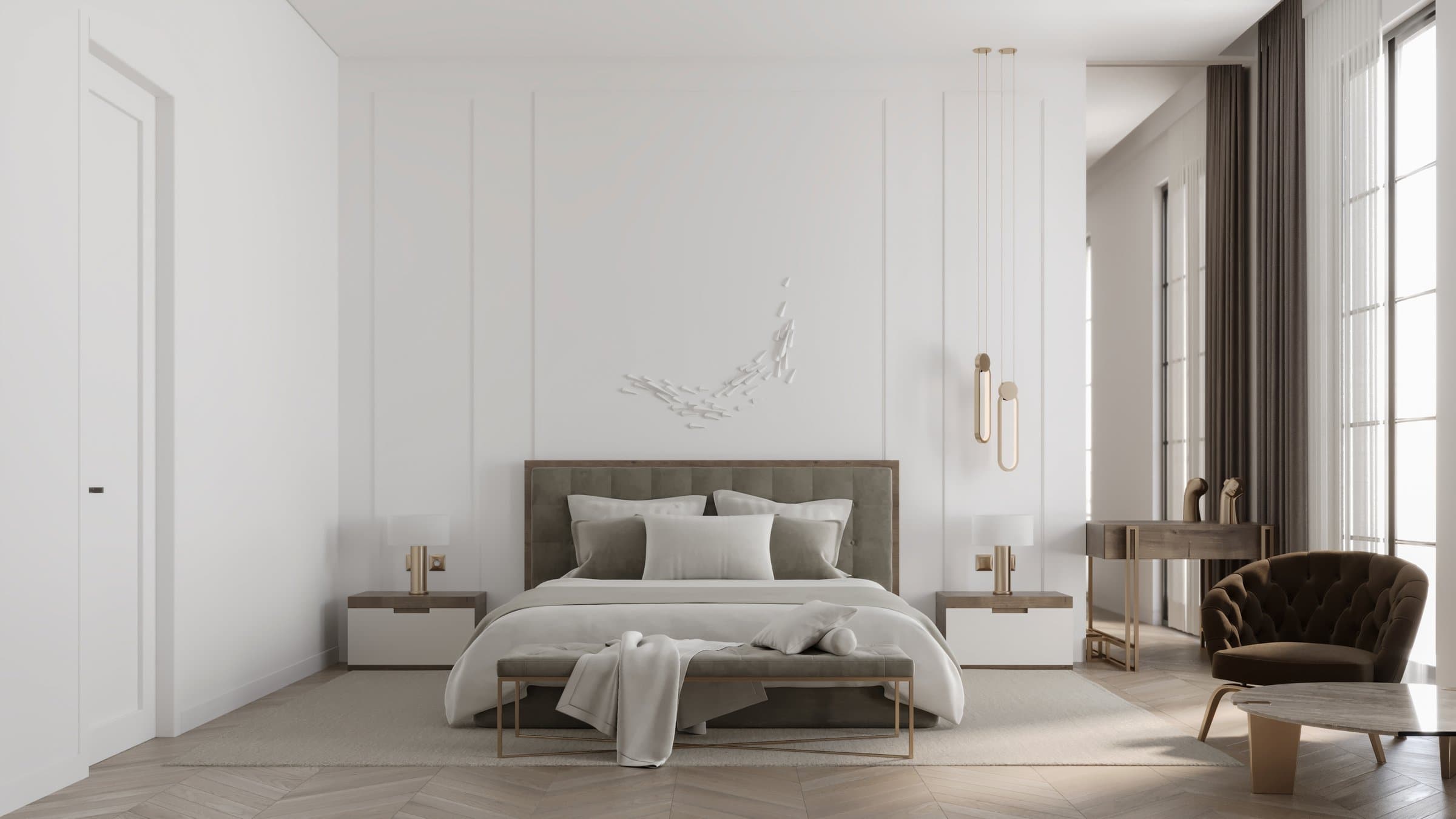 Design visualisation of the master bedroom in white panelling with a velvet armchair, by LKYOOB
