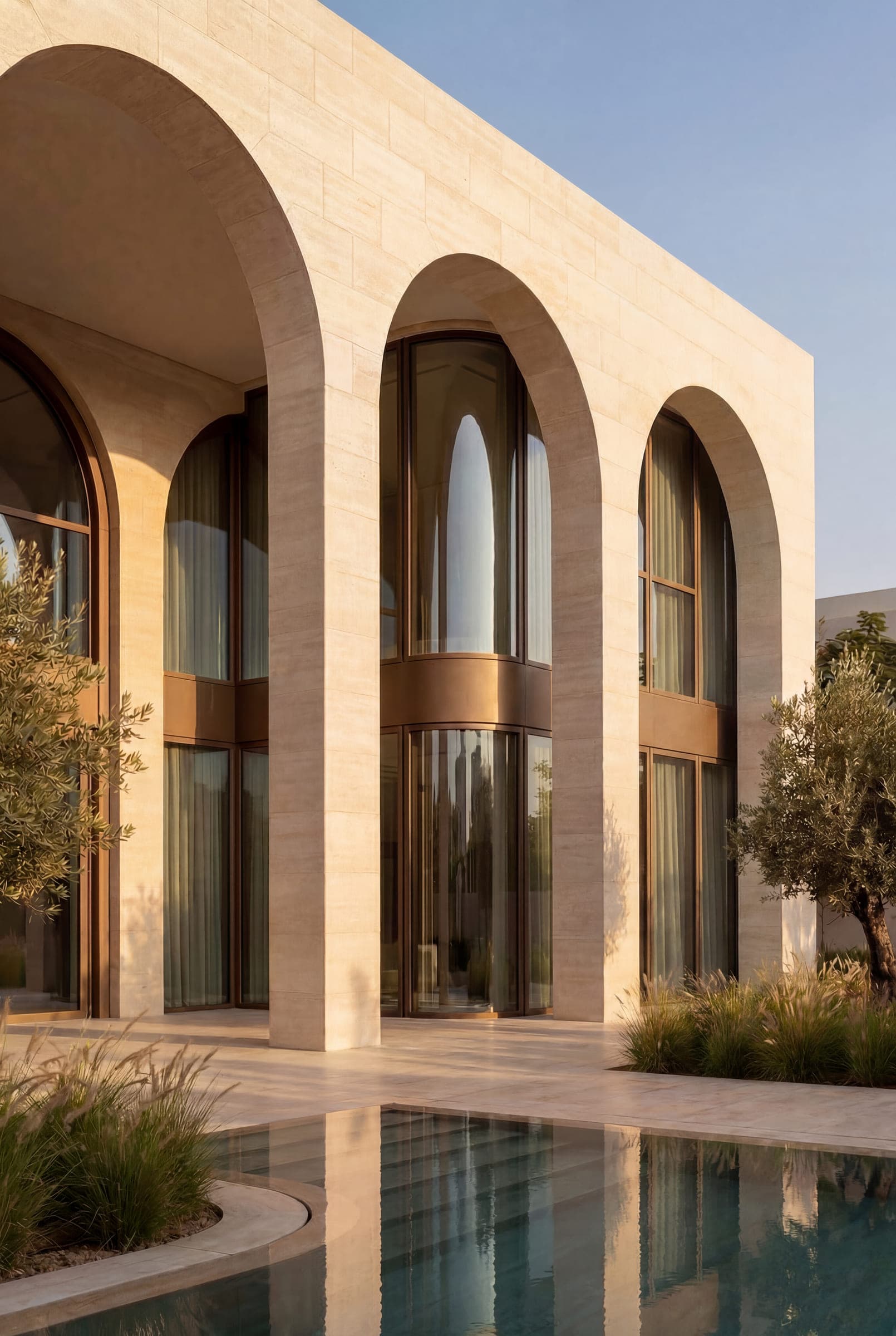 Design visualisation of the corner of the colonnade above the reflecting pool, olive trees against the travertine, by LKYOOB