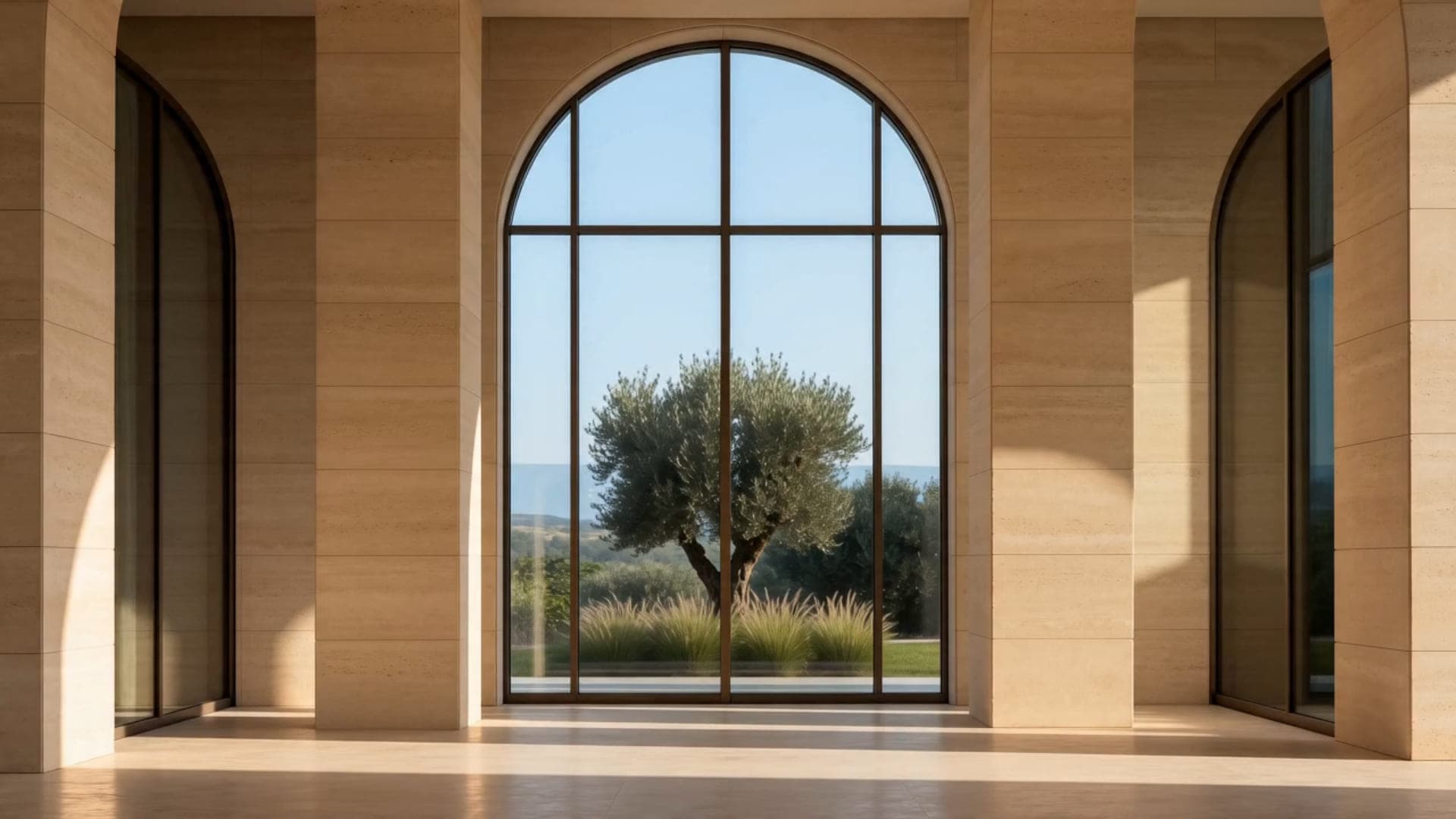 Design visualisation of an arched window framing an olive tree between travertine walls, by LKYOOB