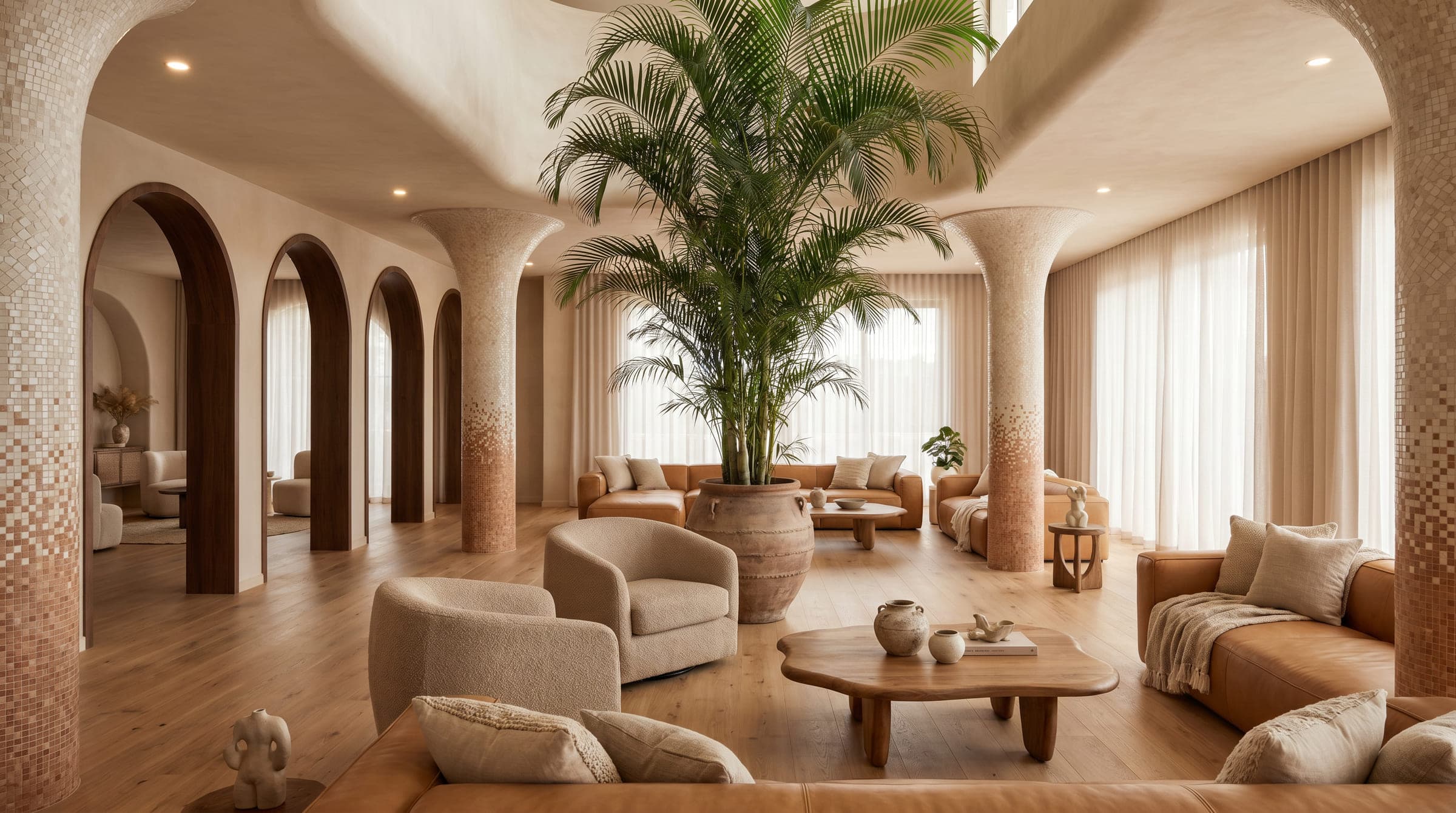 Design visualisation of the great room, timber arches and mosaic columns around a palm and low seating, by LKYOOB