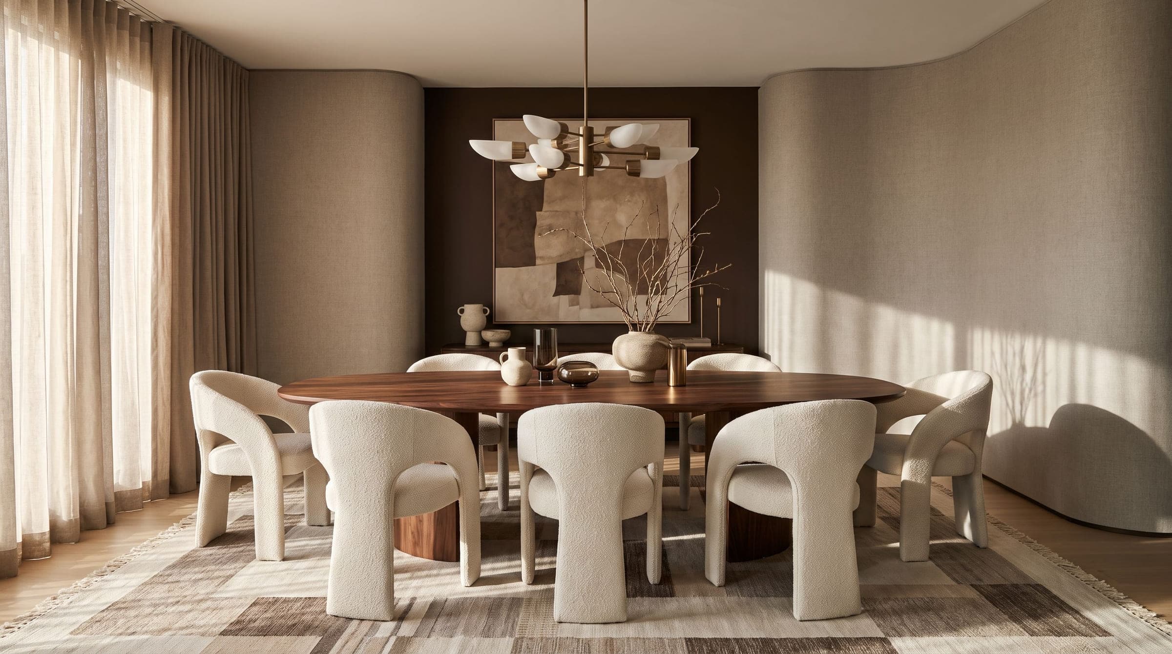 Design visualisation of the dining room, boucle chairs around a walnut table under a sculptural pendant, by LKYOOB