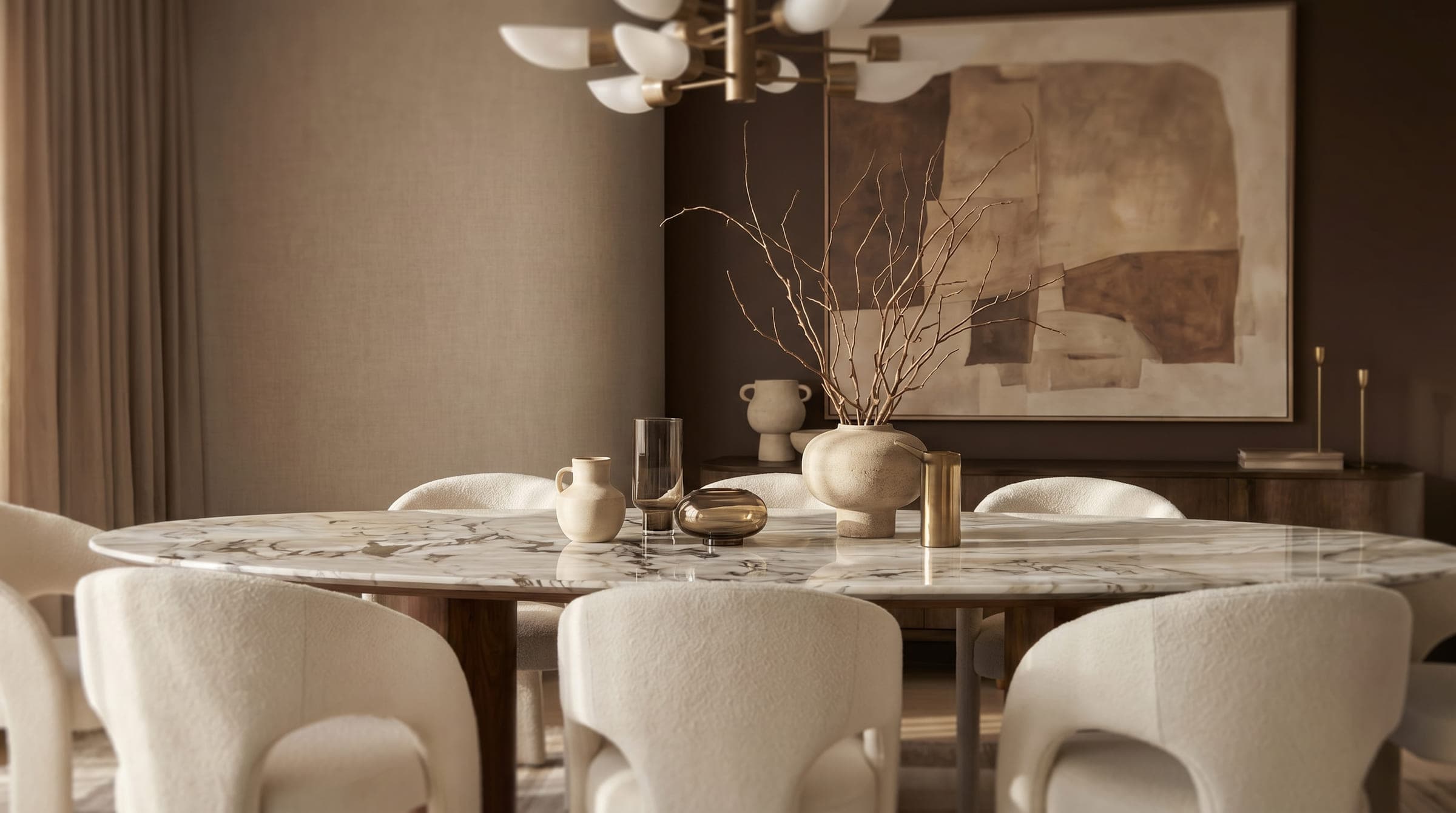 Design visualisation of the dining table in veined stone with boucle chairs and ceramics, by LKYOOB