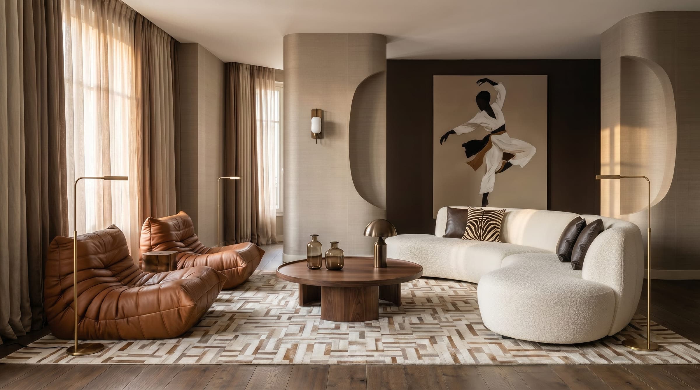 Design visualisation of the living room, leather lounge chairs and a curved boucle sofa on a patterned rug, by LKYOOB