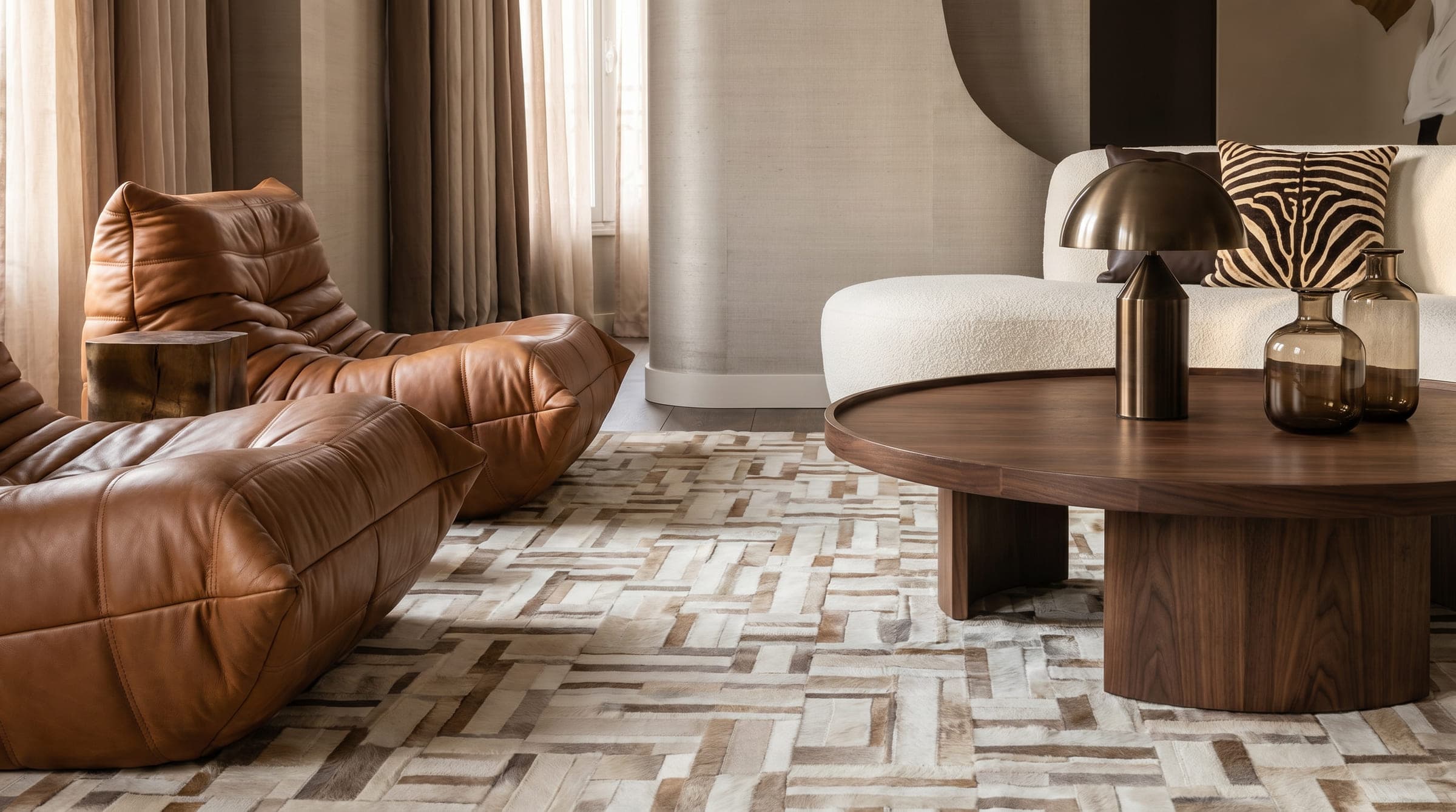 Design visualisation of the living room close up, leather chairs beside a round walnut table, by LKYOOB