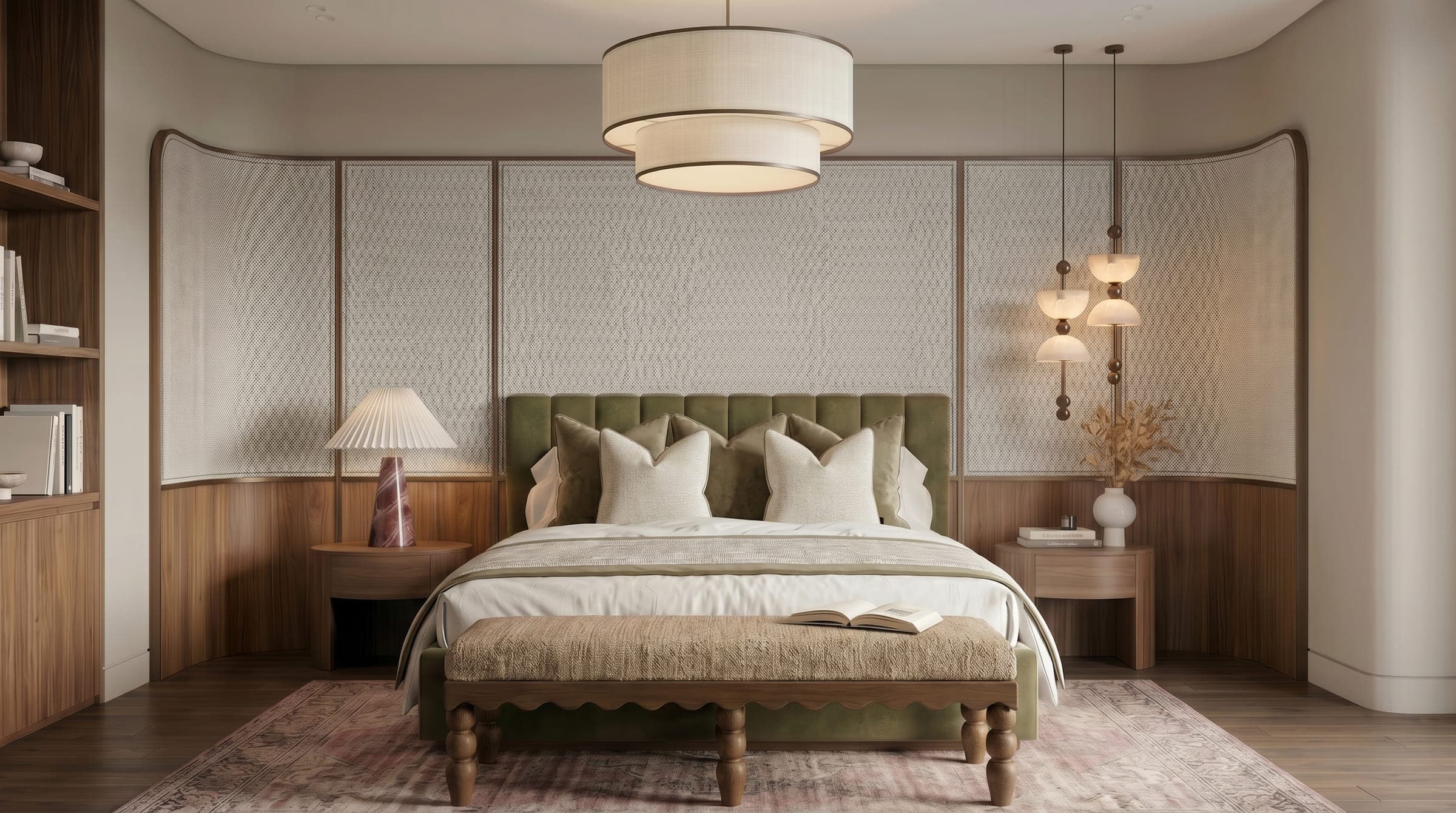 Design visualisation of a bedroom with a green upholstered headboard, a scalloped bench and a pleated lamp, by LKYOOB