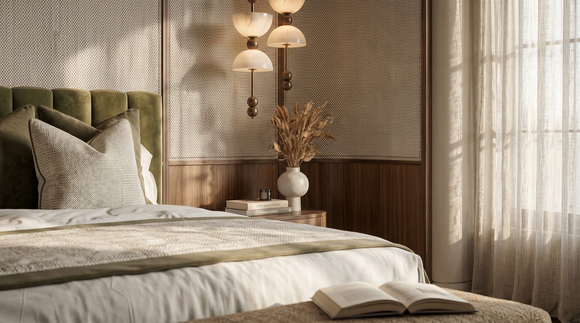 Design visualisation of the bedside in the green bedroom, linen, a book and wall lights against panelled timber, by LKYOOB