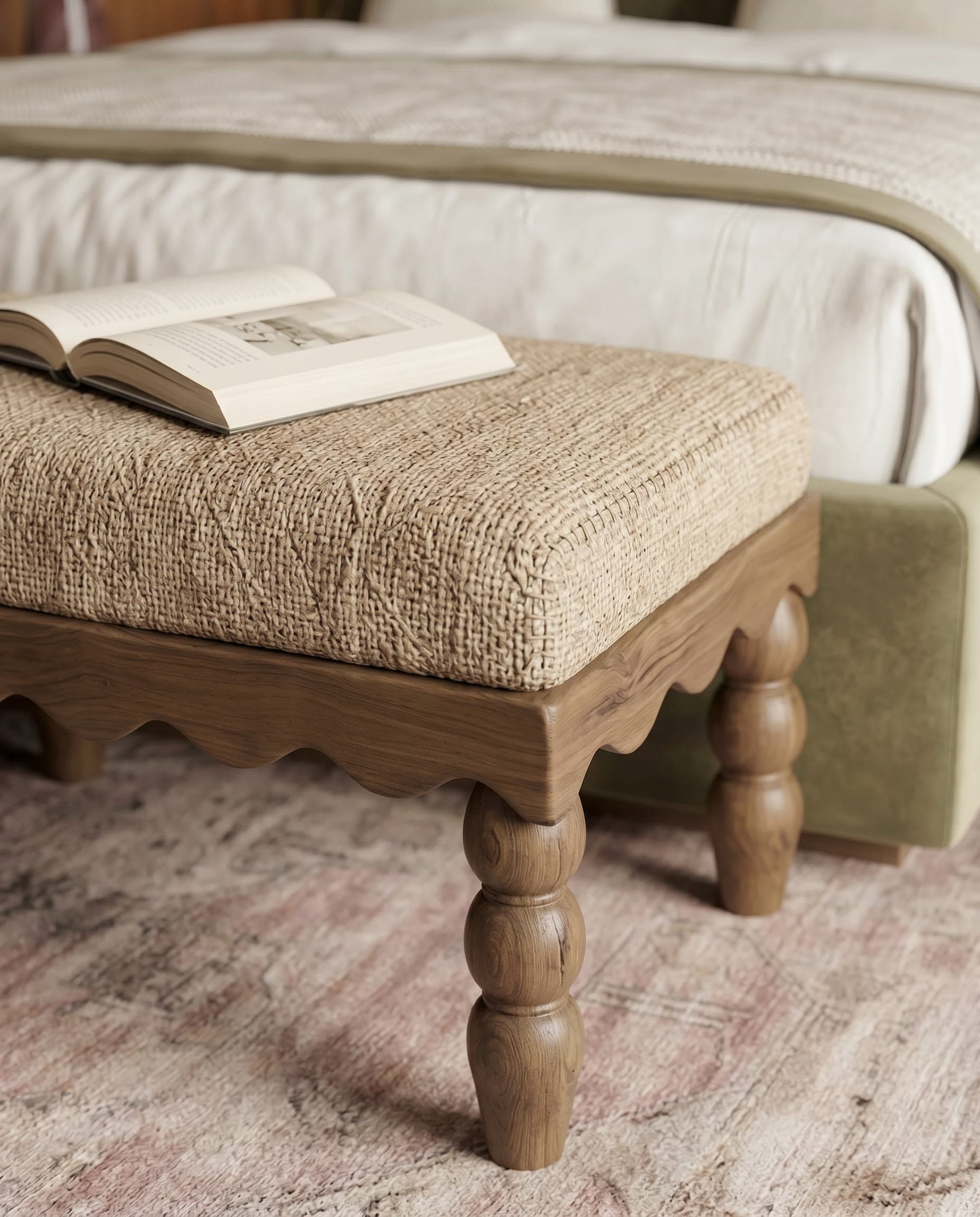 Design visualisation of the turned timber bench at the foot of the bed, by LKYOOB