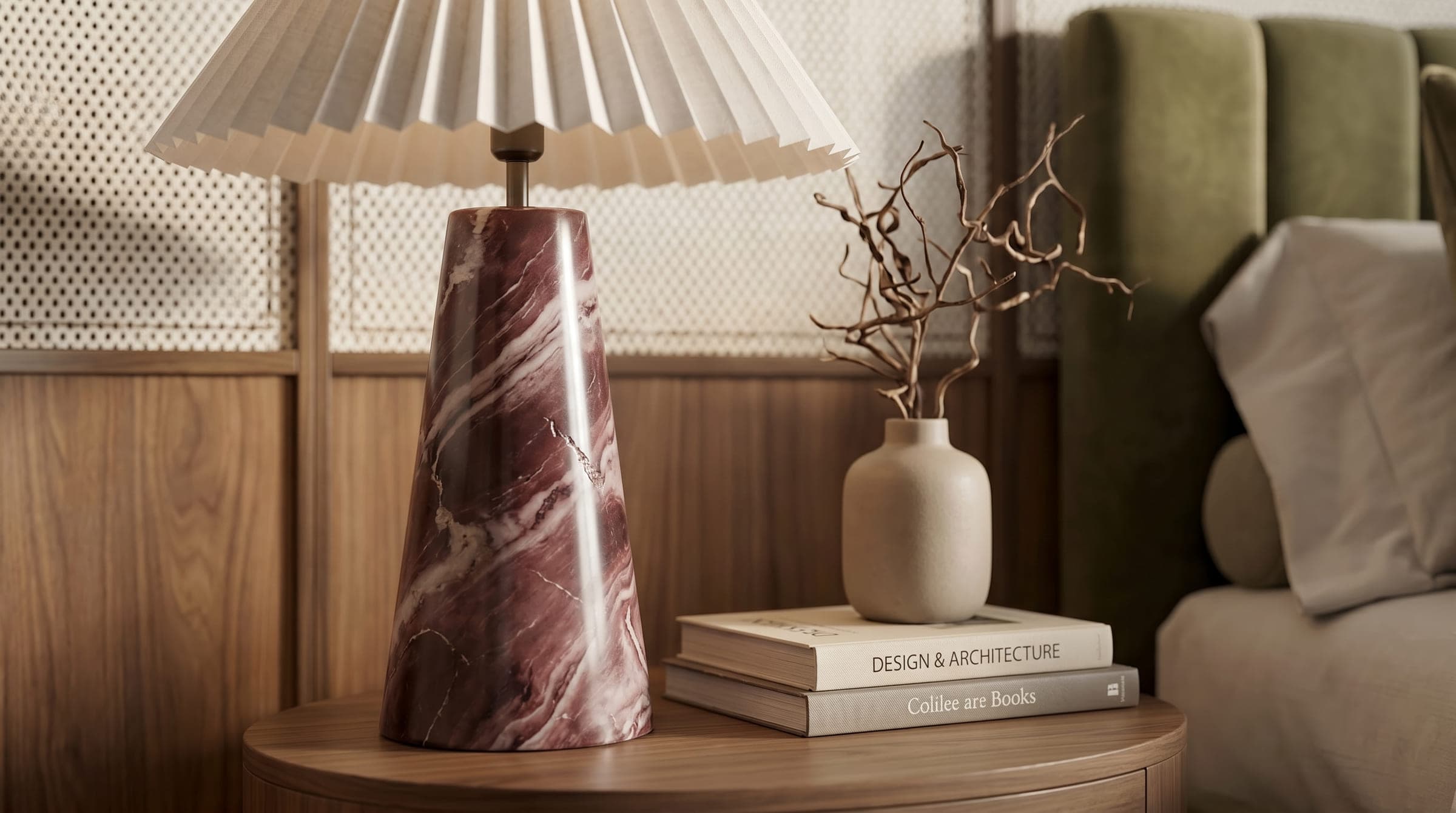 Design visualisation of a marble lamp with a pleated shade on a walnut bedside table, by LKYOOB