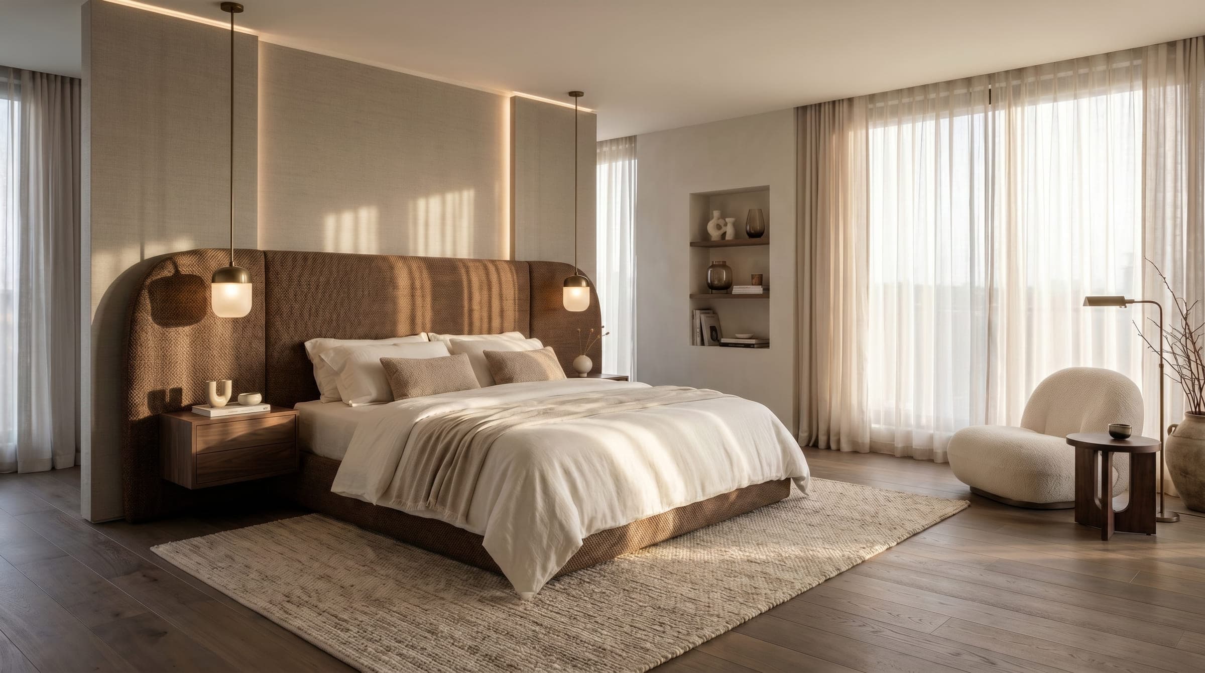 Design visualisation of a bedroom with a curved timber headboard and a boucle chair by the window, by LKYOOB