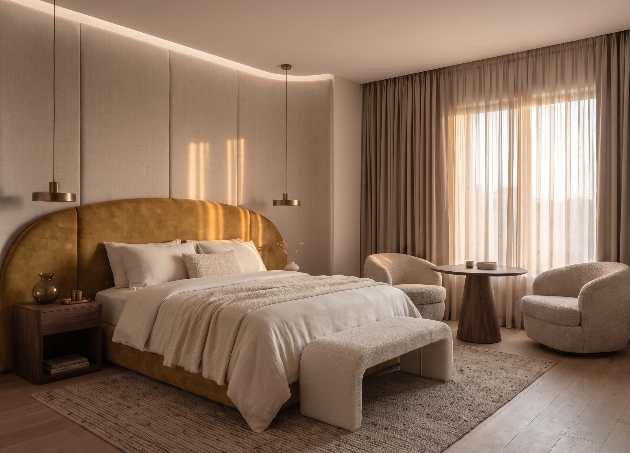 Design visualisation of a bedroom with a golden velvet headboard, a bench and a sitting area by the window, by LKYOOB