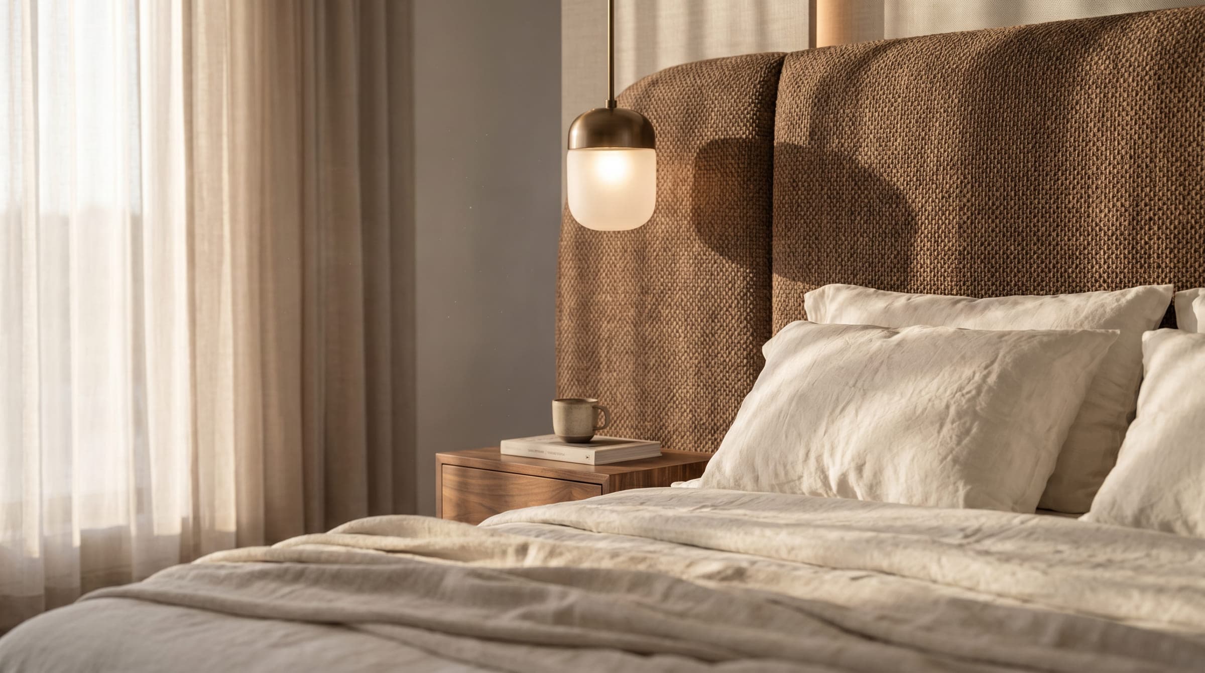 Design visualisation of a bed with a woven headboard and linen in afternoon light, by LKYOOB