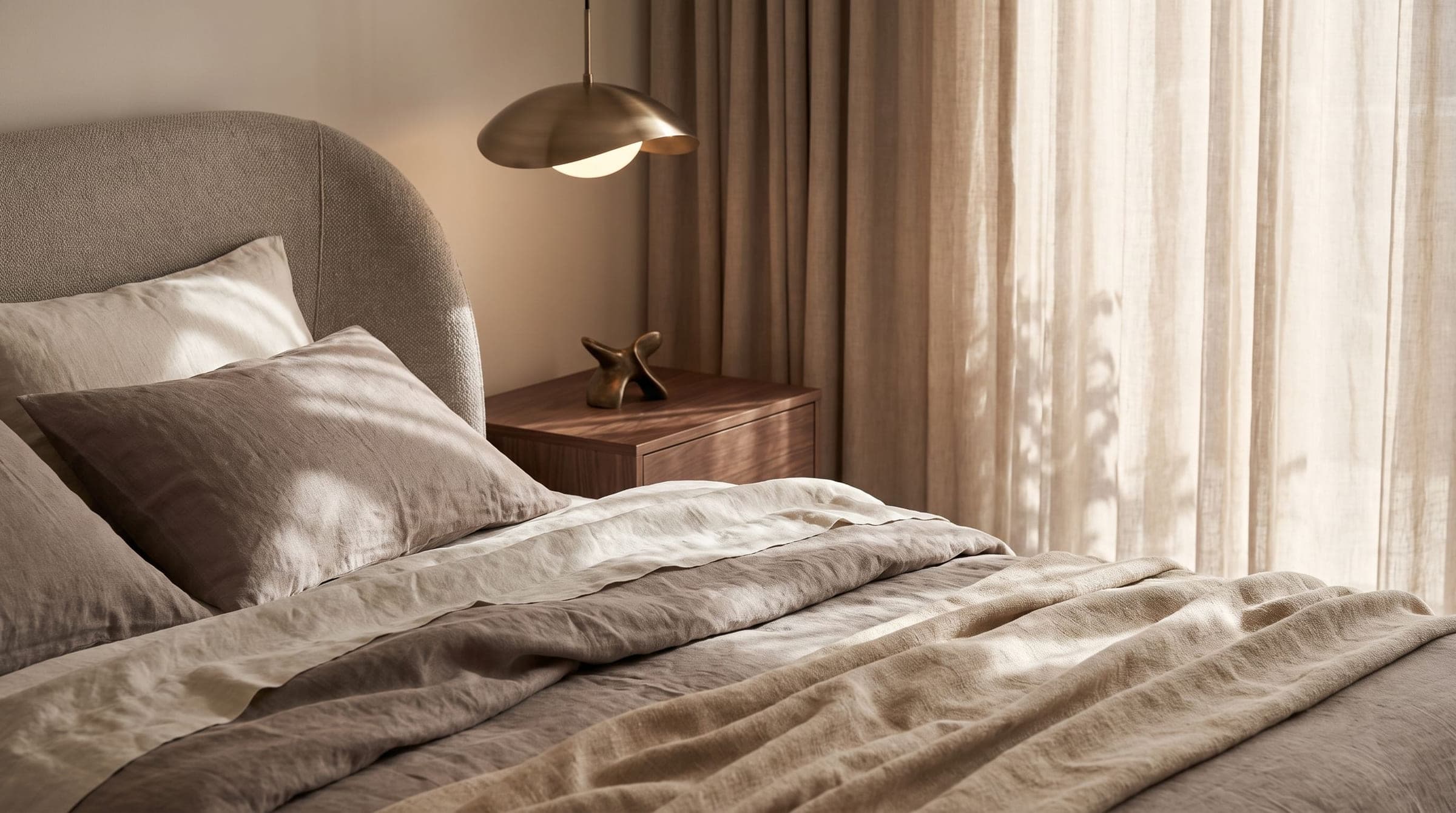 Design visualisation of a bed with a grey upholstered headboard and a brass wall light, by LKYOOB