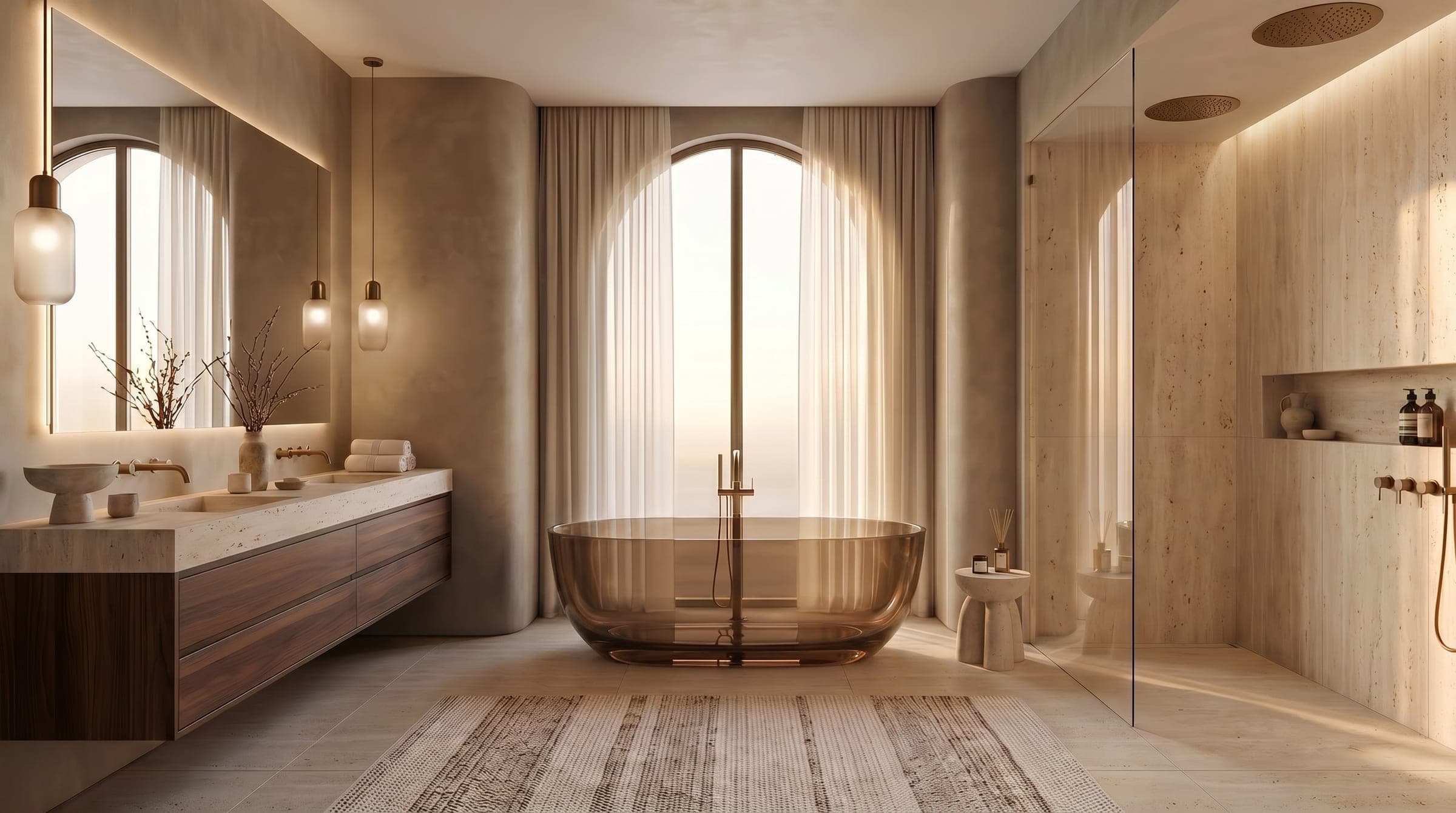Design visualisation of the bathroom, a smoked glass bath beneath an arched window between stone walls, by LKYOOB