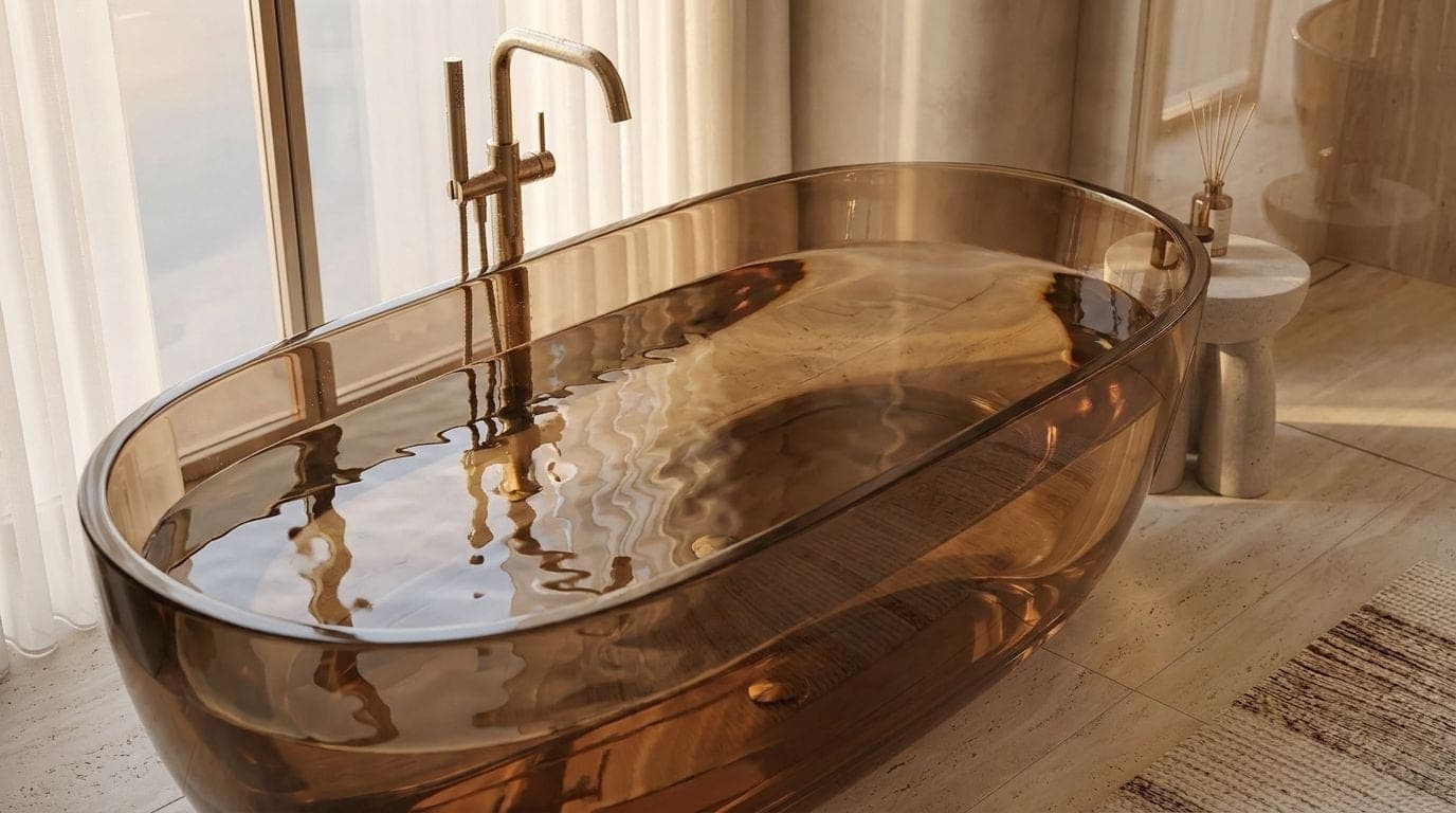 Design visualisation of the smoked glass bath close up with its brass filler, by LKYOOB