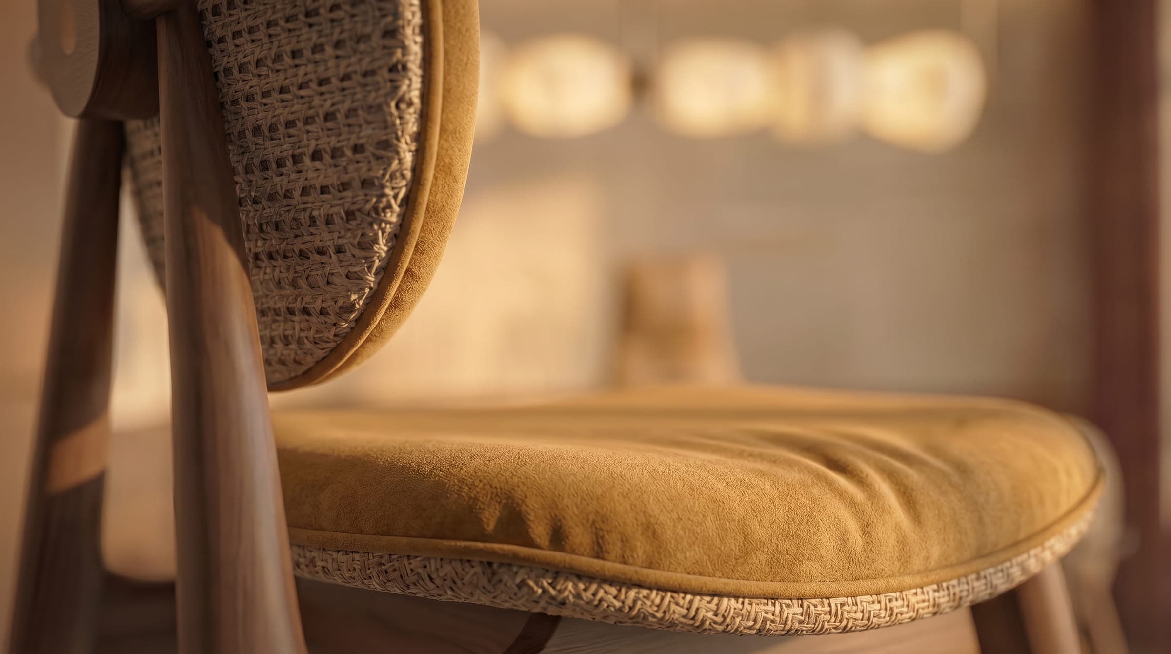 Design visualisation of a woven chair with a mustard velvet seat, by LKYOOB