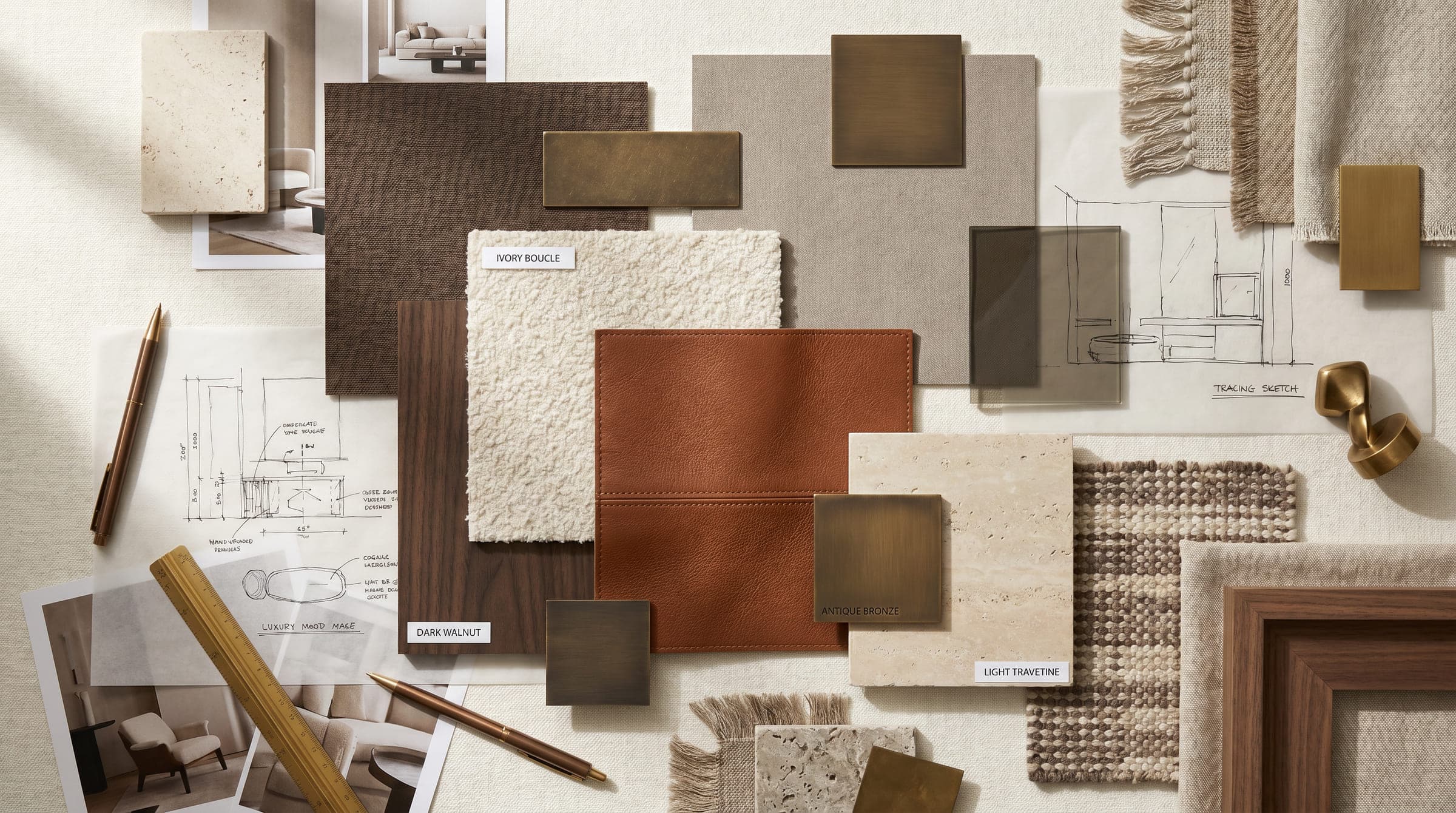 Design visualisation of the materials board, travertine, walnut, leather, boucle and brass samples with sketches, by LKYOOB