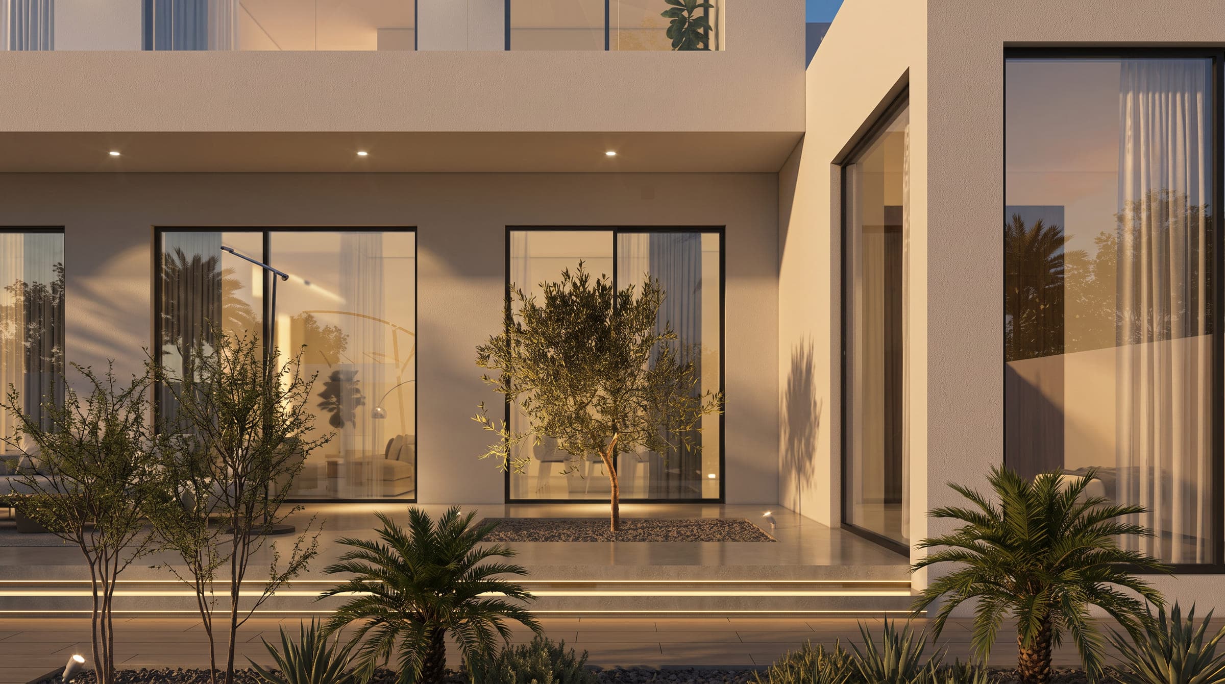 The garden elevation of Axis House at dusk, a shaded terrace with an olive tree beside full-height glazing, a LKYOOB design visualisation