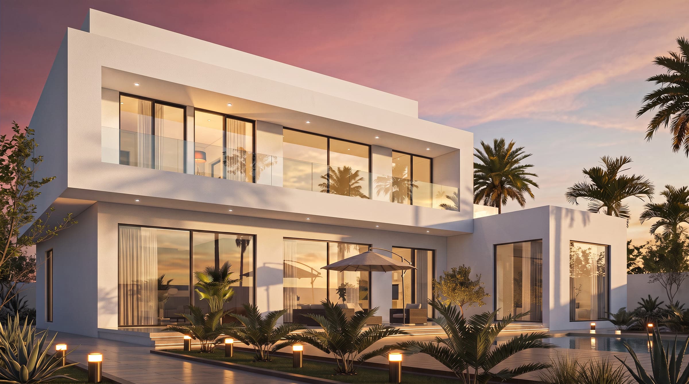 Axis House from the pool terrace at dusk, white volumes with a cantilevered upper storey above the garden, a LKYOOB design visualisation