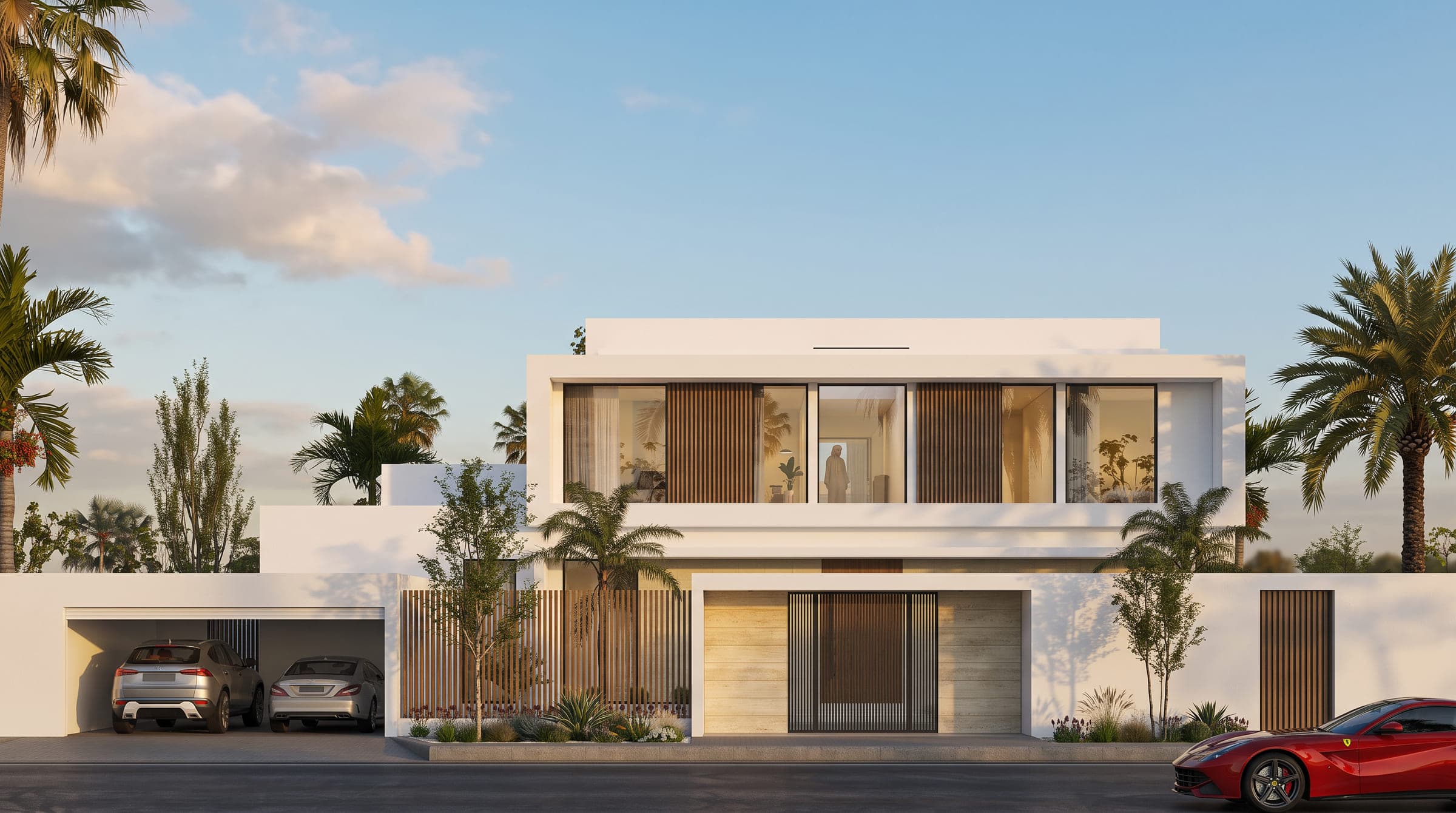 Axis House from the street, a white villa with timber screens above an open garage, a LKYOOB design visualisation