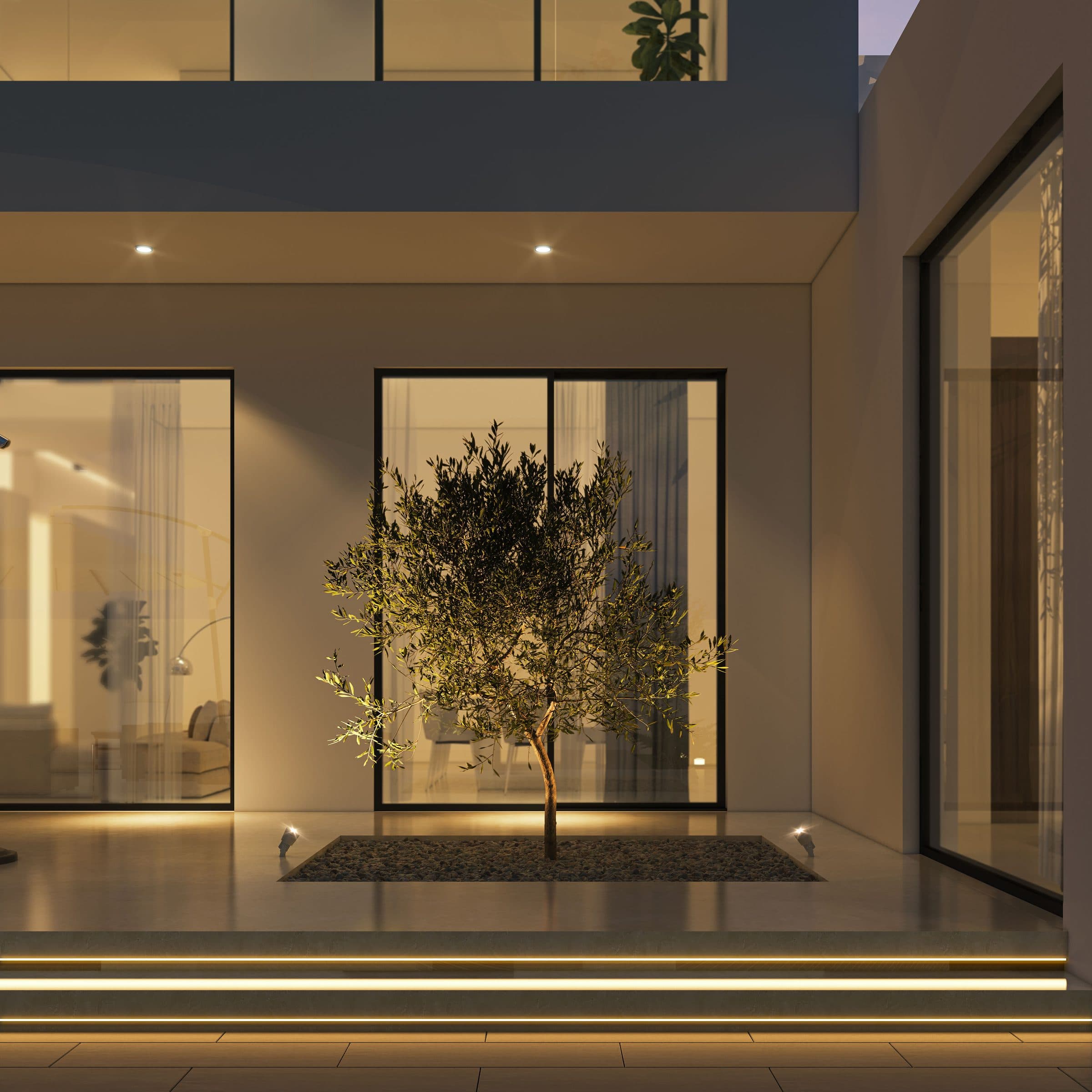 Design visualisation of the olive court at dusk beside the entrance, by LKYOOB