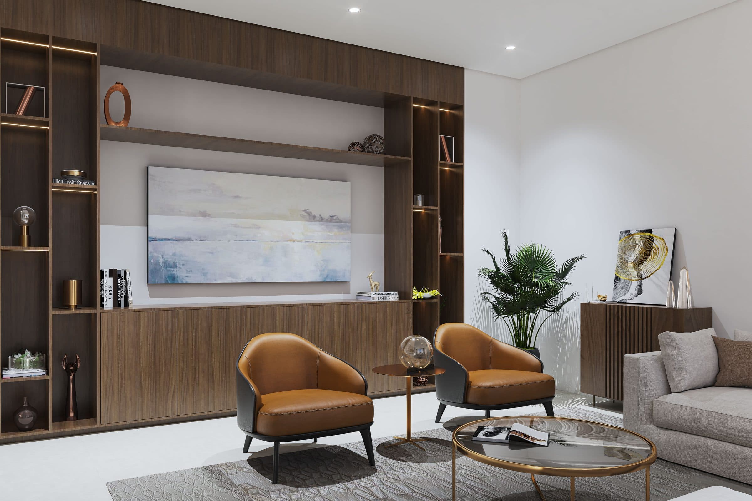 Design visualisation of the formal living room with leather armchairs and shelving, by LKYOOB