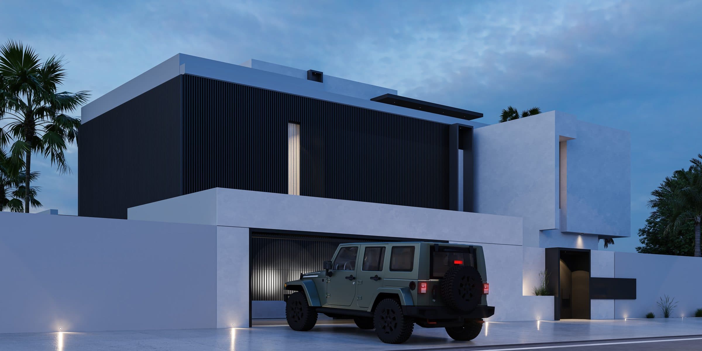 Design visualisation of a villa with a black vertical-slat upper floor over white walls and a garage, seen from the street corner at dusk, a LKYOOB villa design