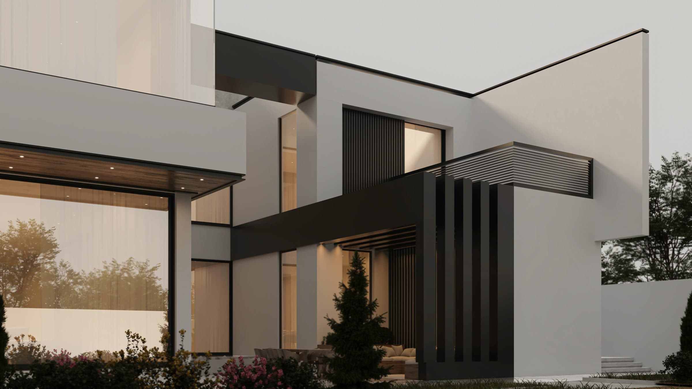 Design visualisation of the entrance corner with a dark canopy and vertical fins, by LKYOOB