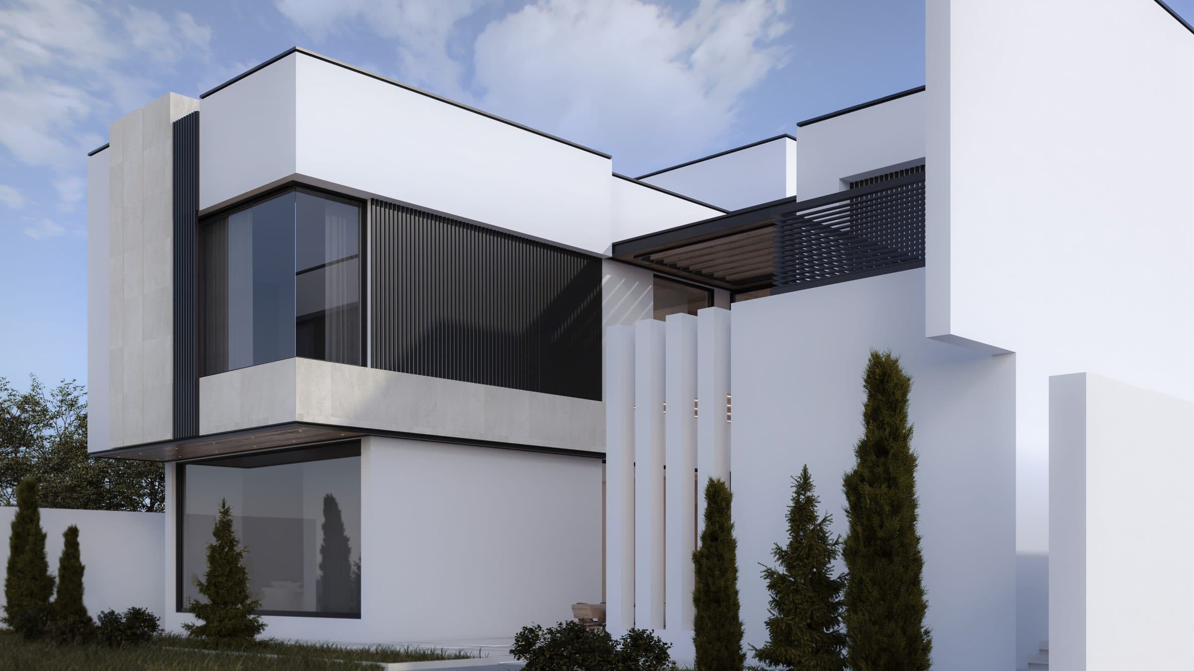 Design visualisation of the side elevation with cypresses and a glazed corner, by LKYOOB