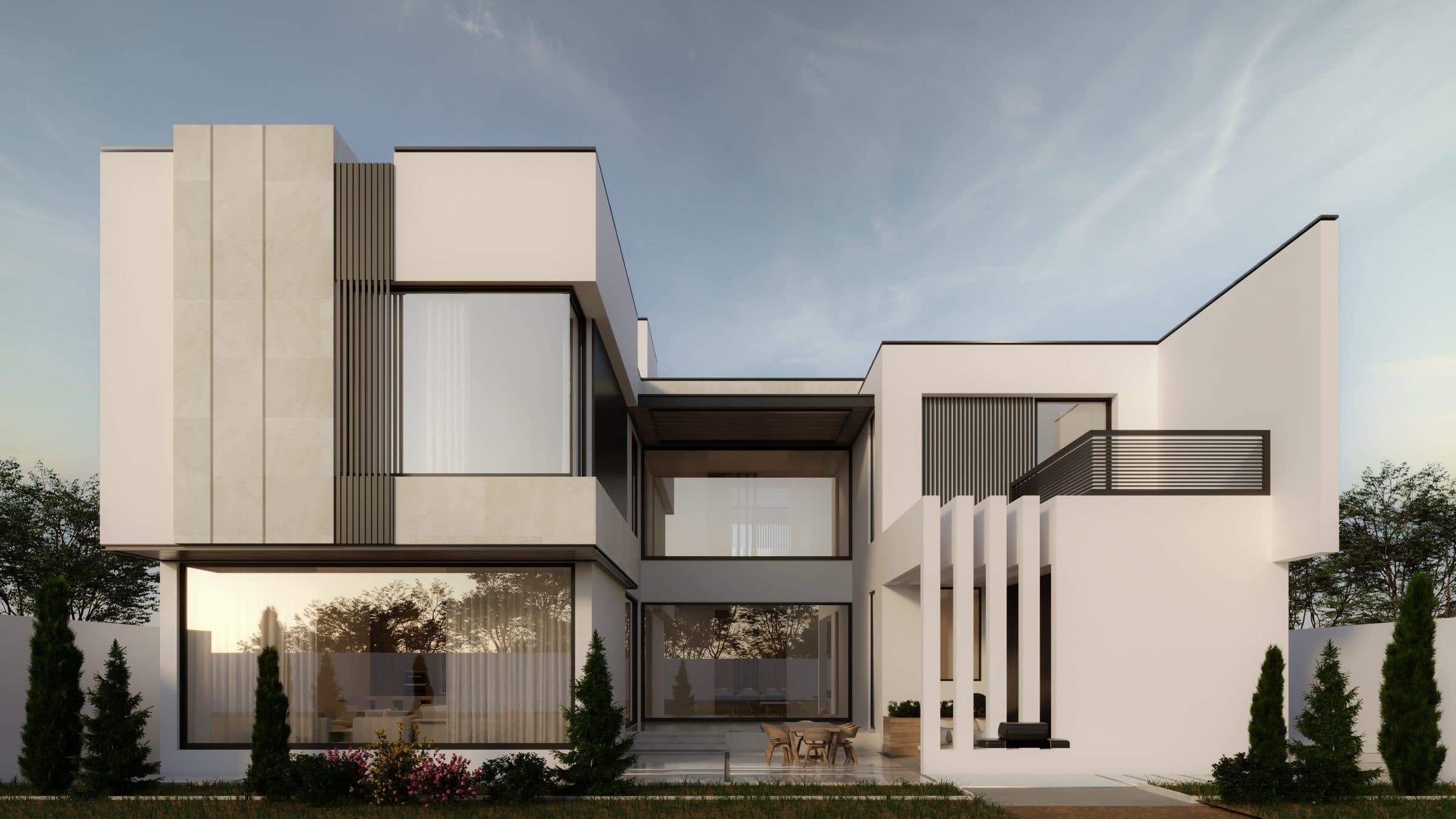 Design visualisation of the garden elevation with a balcony and white fins at dusk, by LKYOOB
