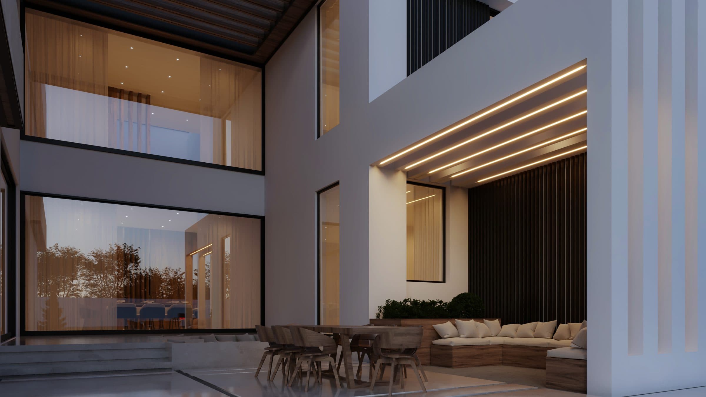 Design visualisation of the courtyard terrace with an outdoor sofa under a lit soffit, by LKYOOB