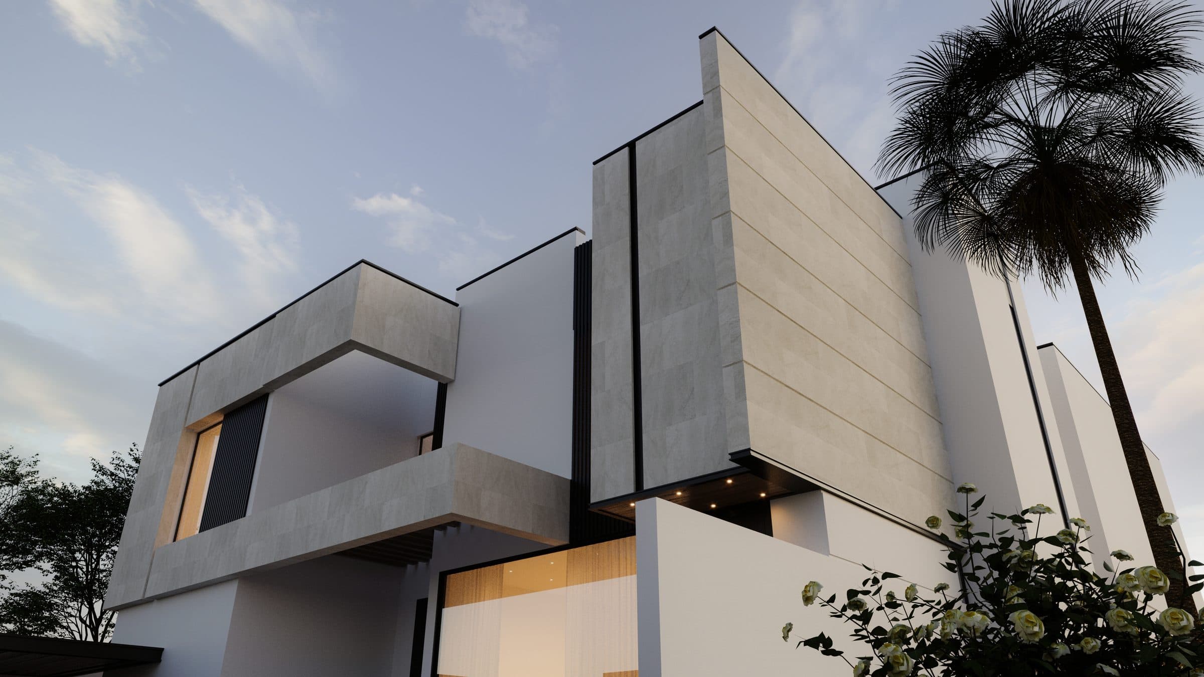 Design visualisation of the cantilevered stone box seen from below against the sky, by LKYOOB
