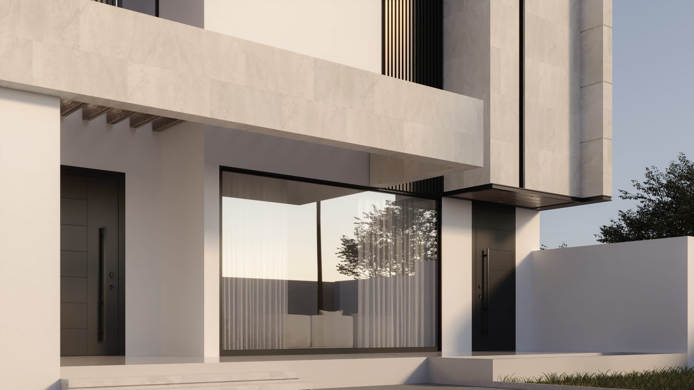 Design visualisation of the entrance door under the stone canopy, by LKYOOB