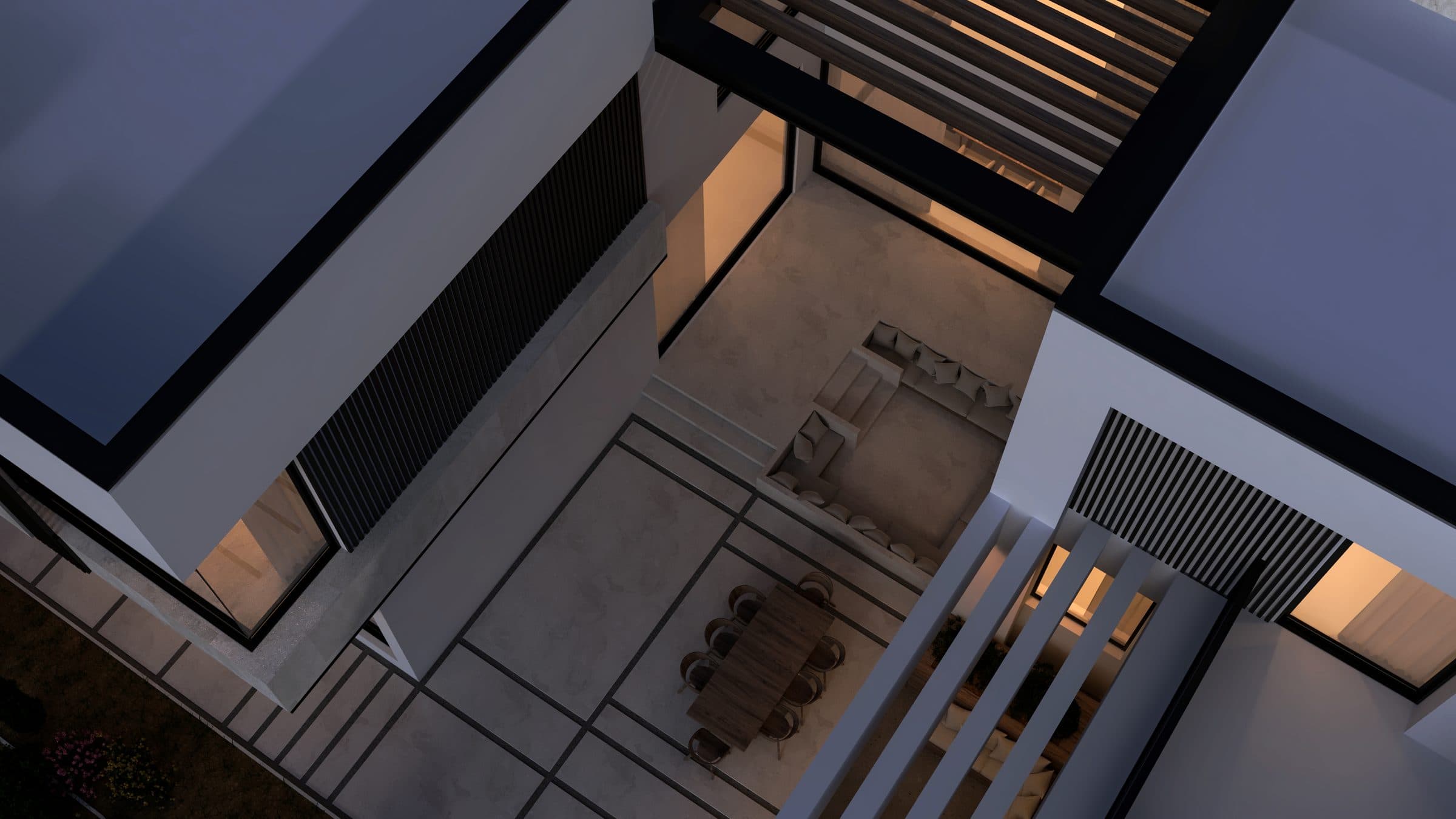 Design visualisation of the courtyard from above at dusk, by LKYOOB