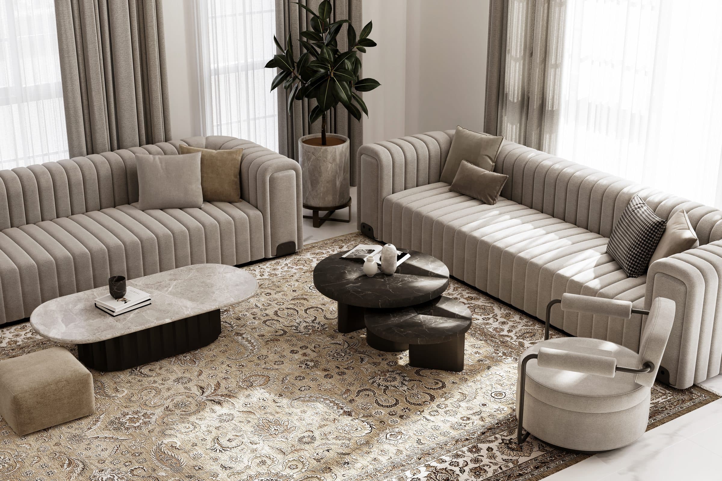 Design visualisation of The Classical Residence, a formal living room with panelled walls and a marble floor, by LKYOOB