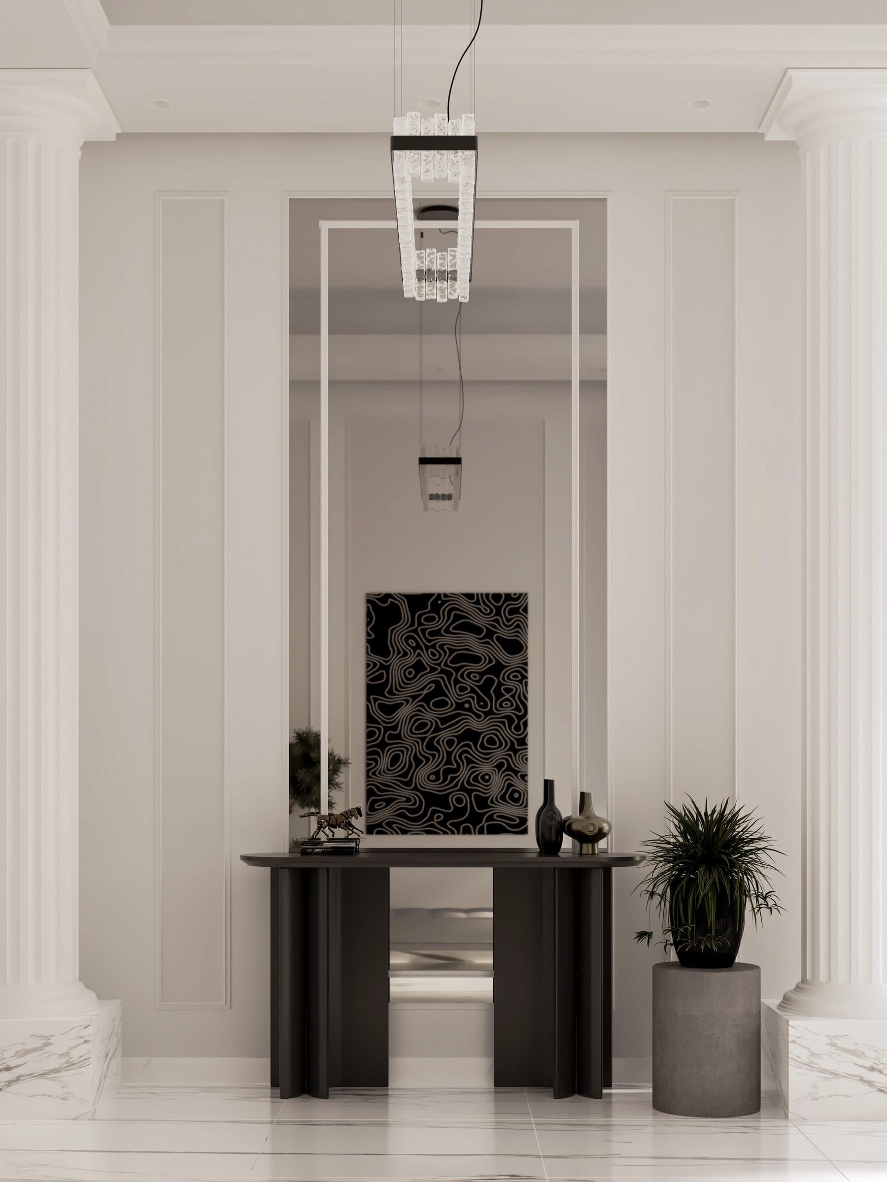 Design visualisation of the entrance hall under a chandelier of glass spheres, by LKYOOB
